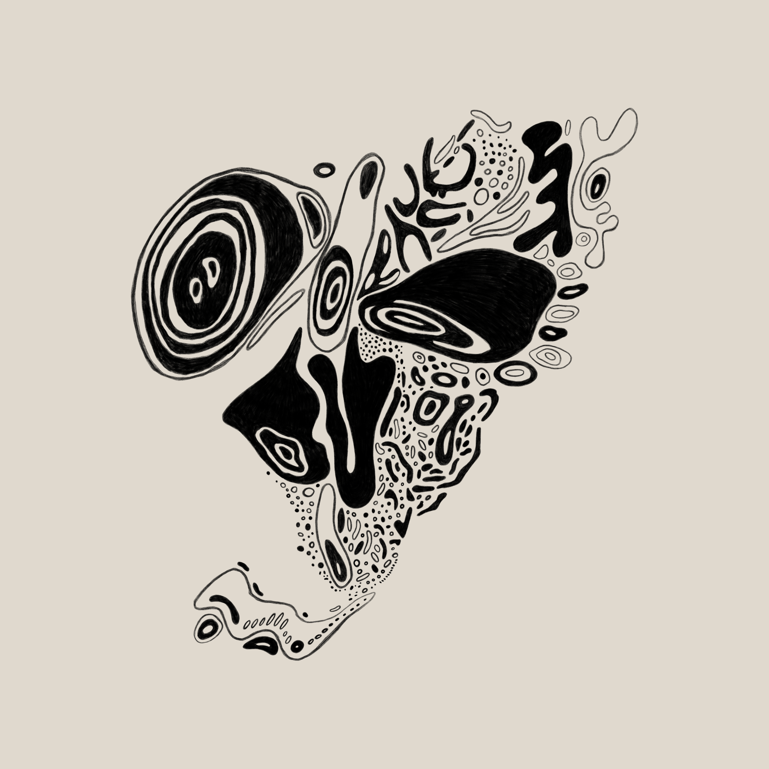 Abstract black and white pattern with swirling shapes on beige background.