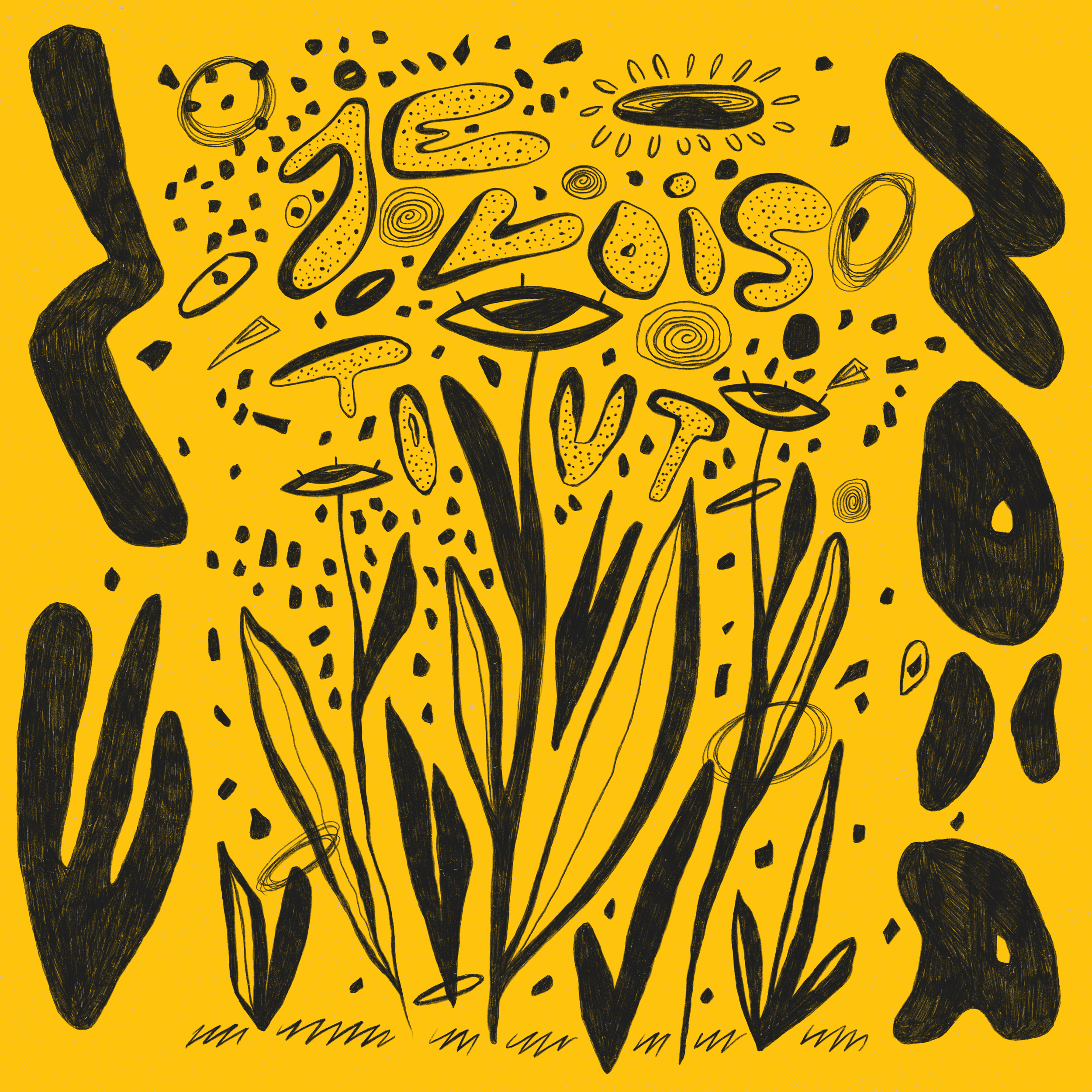 An abstract illustration with black doodles of plants, eyes, and scattered shapes on a yellow background, with the words 'JE VOIS' and 'TOUT' integrated into the design.