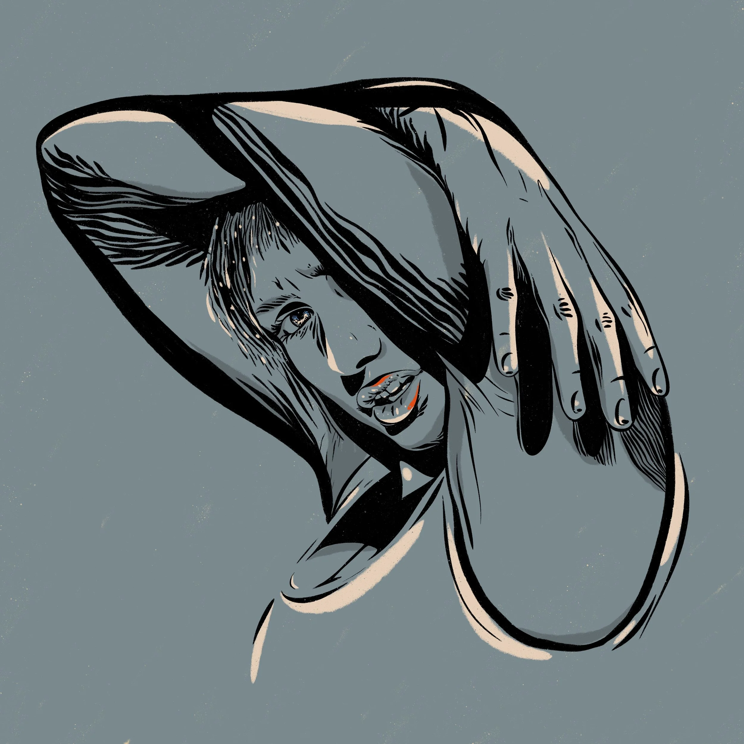 Stylized black and white illustration of a person with short hair and expressive eyes, partially obscured by their arm and hand, set against a textured teal background.