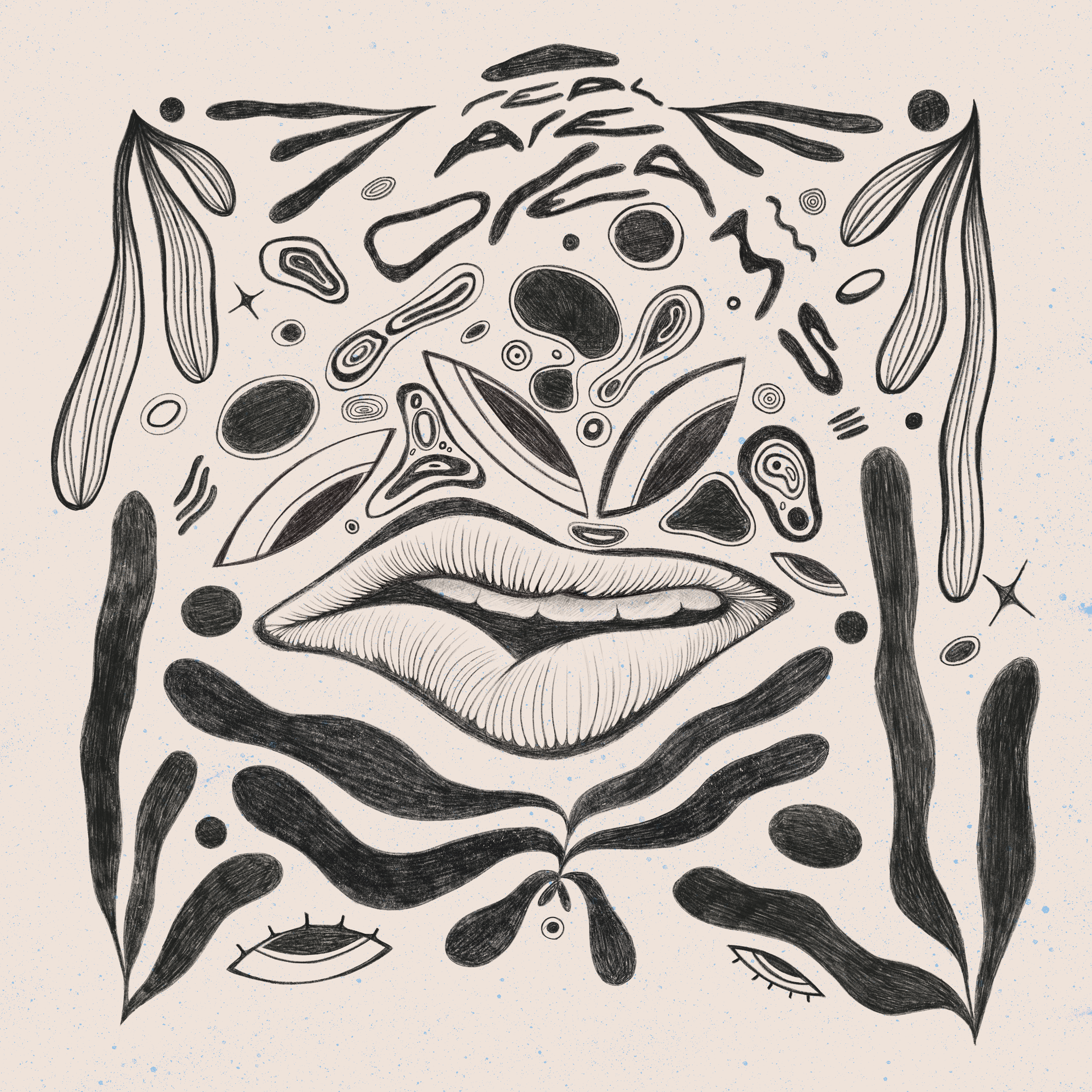 A black and white abstract illustration with lips at the center, surrounded by various organic and geometric shapes, lines, and patterns, resembling a surreal face.