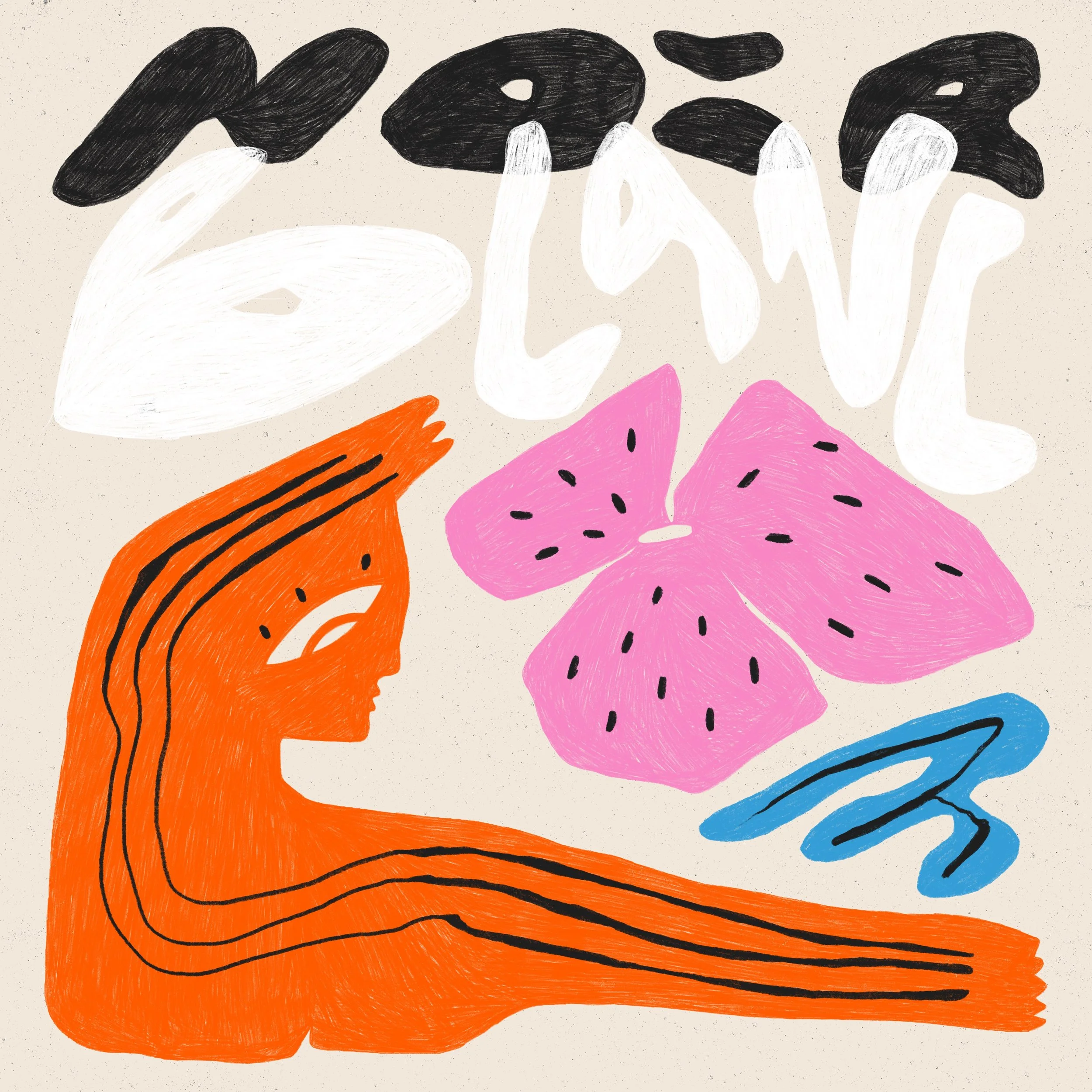 An illustrated woman with orange skin and black contour lines in her hair, looking to the left. Above her are the words 'NOIR BLANC' written in large, stylized black and white letters. To the right of her are pink leaves with black seeds and a small 