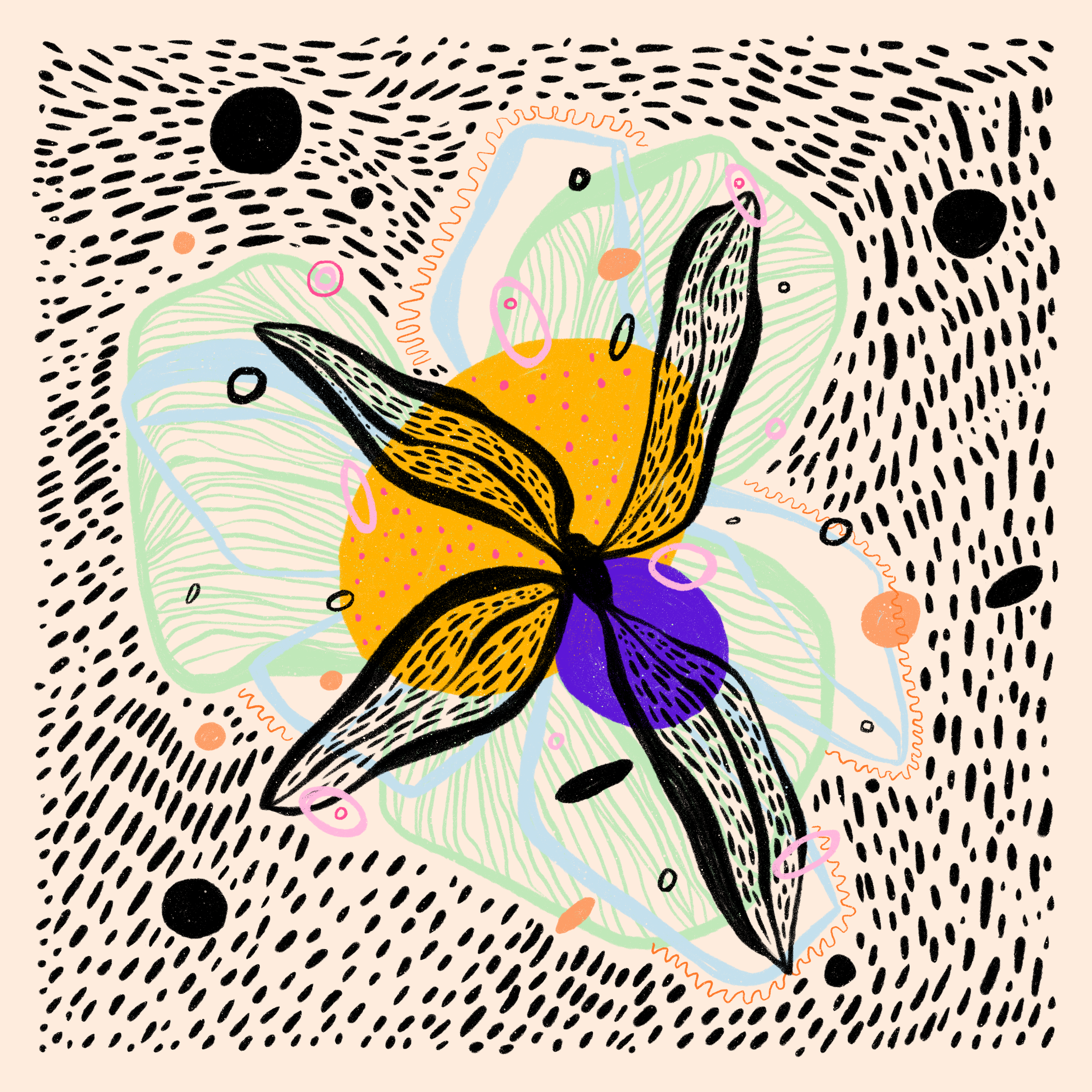 Abstract botanical illustration with colorful flower-like shapes and intricate patterns.