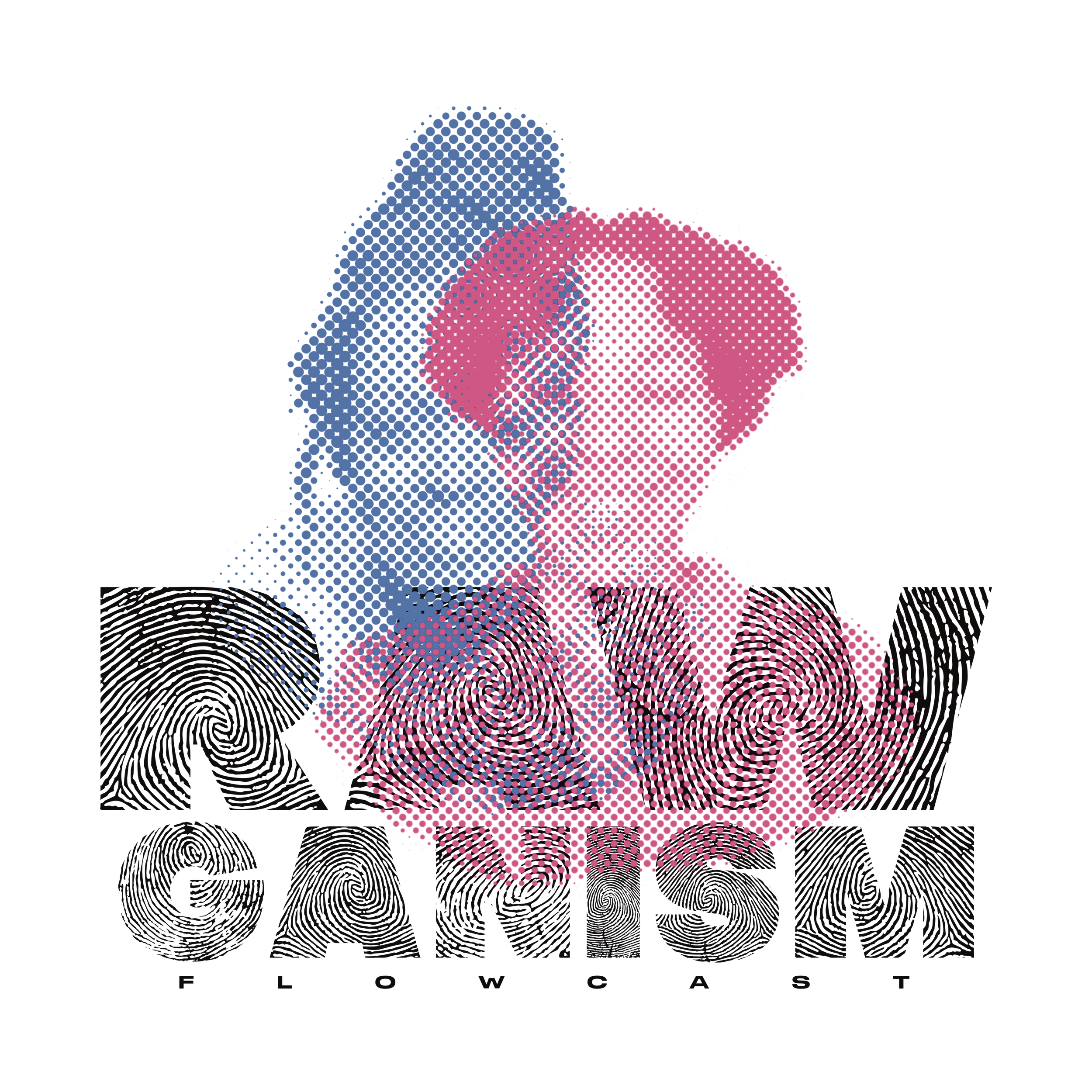 Halftone portrait overlay with blue and pink color scheme for "Flowcast RAWGAMISM."