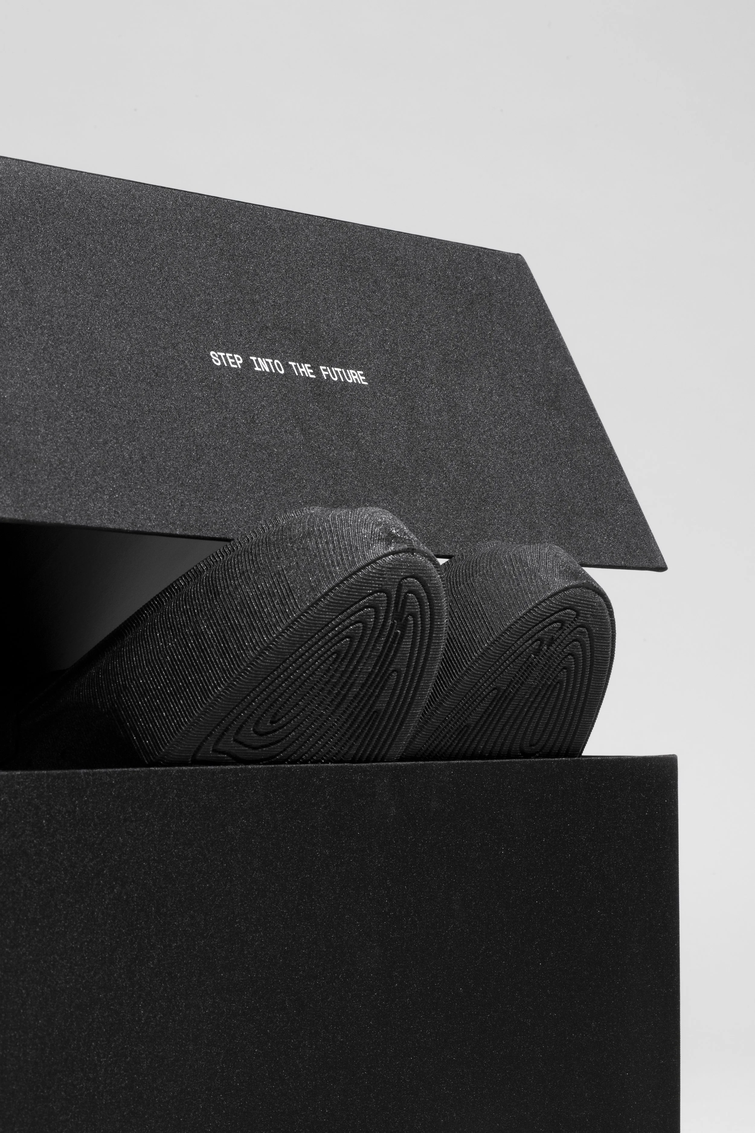 Black textured box with two pairs of shoes. pocking out of the box. The box has "STEP INTO THE FUTURE" printed on it.