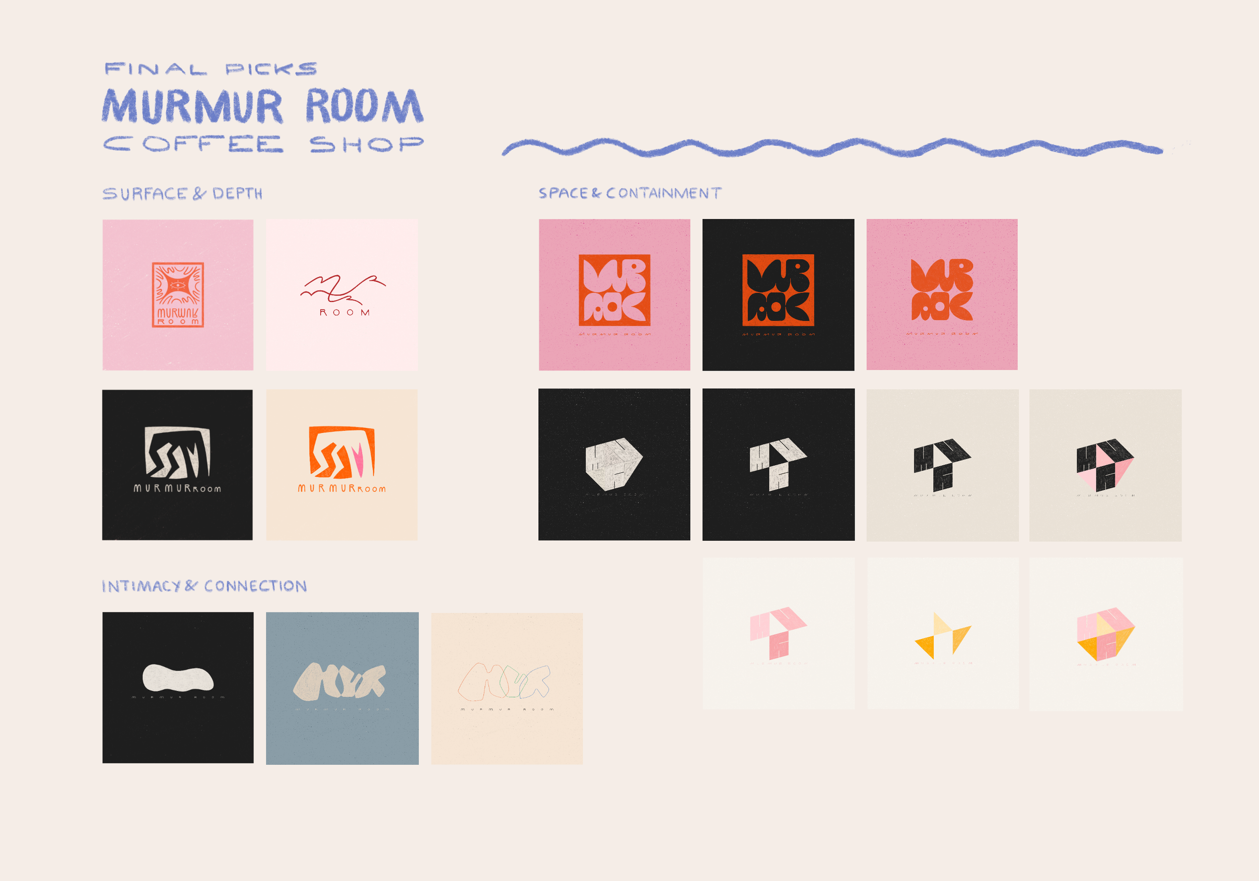 A collection of logos for MURMUR ROOM, with different designs and color schemes, categorized under 'Surface & Depth', 'Space & Containment', and 'Intimacy & Connection'.
