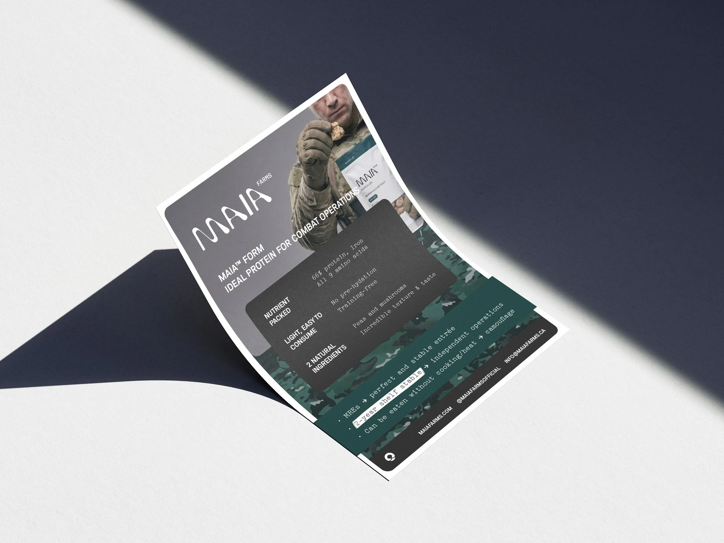 Close-up of a promotional flyer or brochure for Maia Farms featuring a person in military uniform holding a bag of protein powder, with informational text about the product's benefits and ingredients.