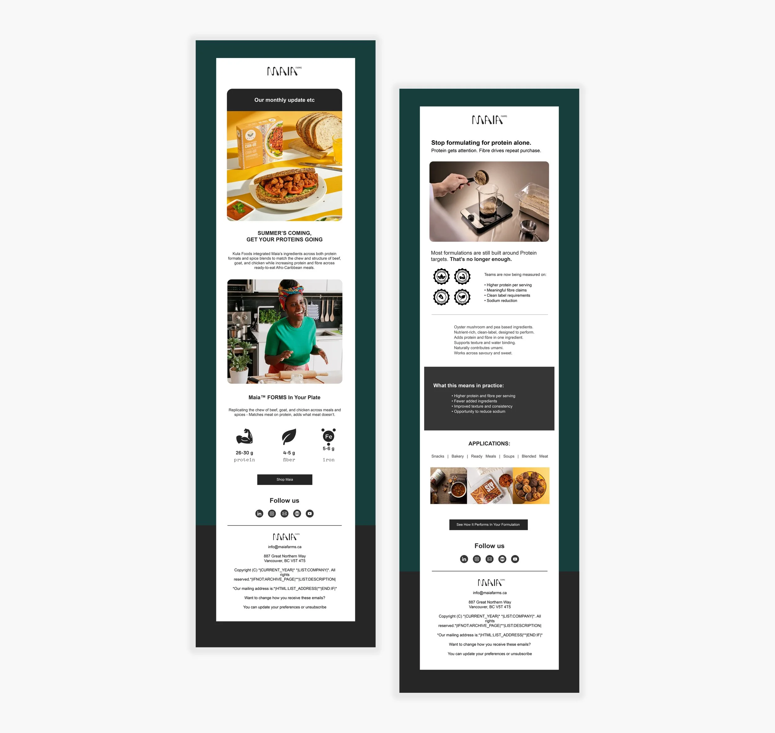 Screenshots of a digital newsletter or presentation from Maia Farms, featuring images of food items like bread and a sandwich, a person cooking or preparing food, and a woman smiling in a kitchen. The content discusses protein, fiber, and iron benefits, Maia's ingredients, and related topics.