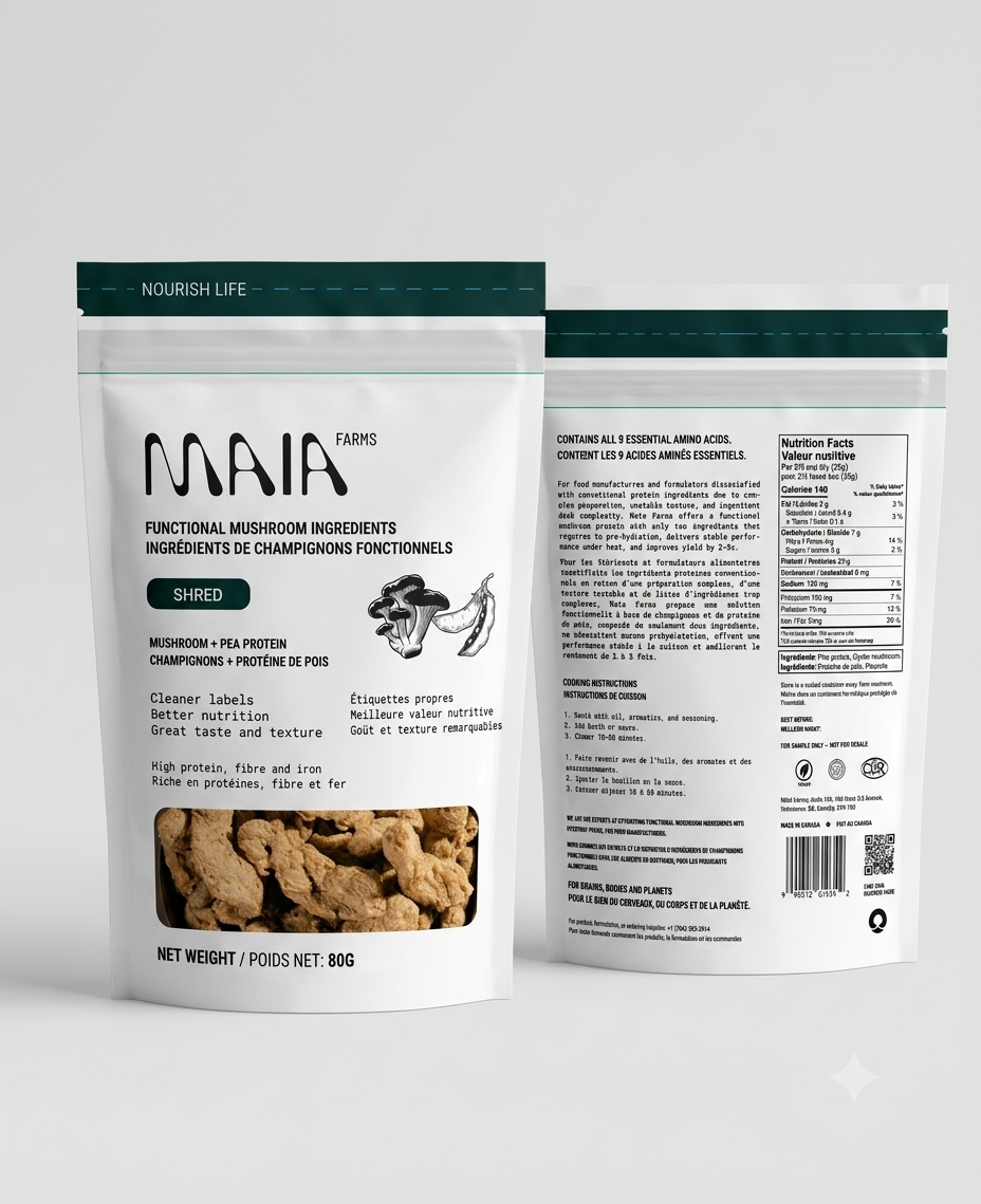 Front and back of a white package of Maia Farms functional mushroom snacks, flavor 'Shred', featuring mushroom and pea protein, with a small window showing the contents.