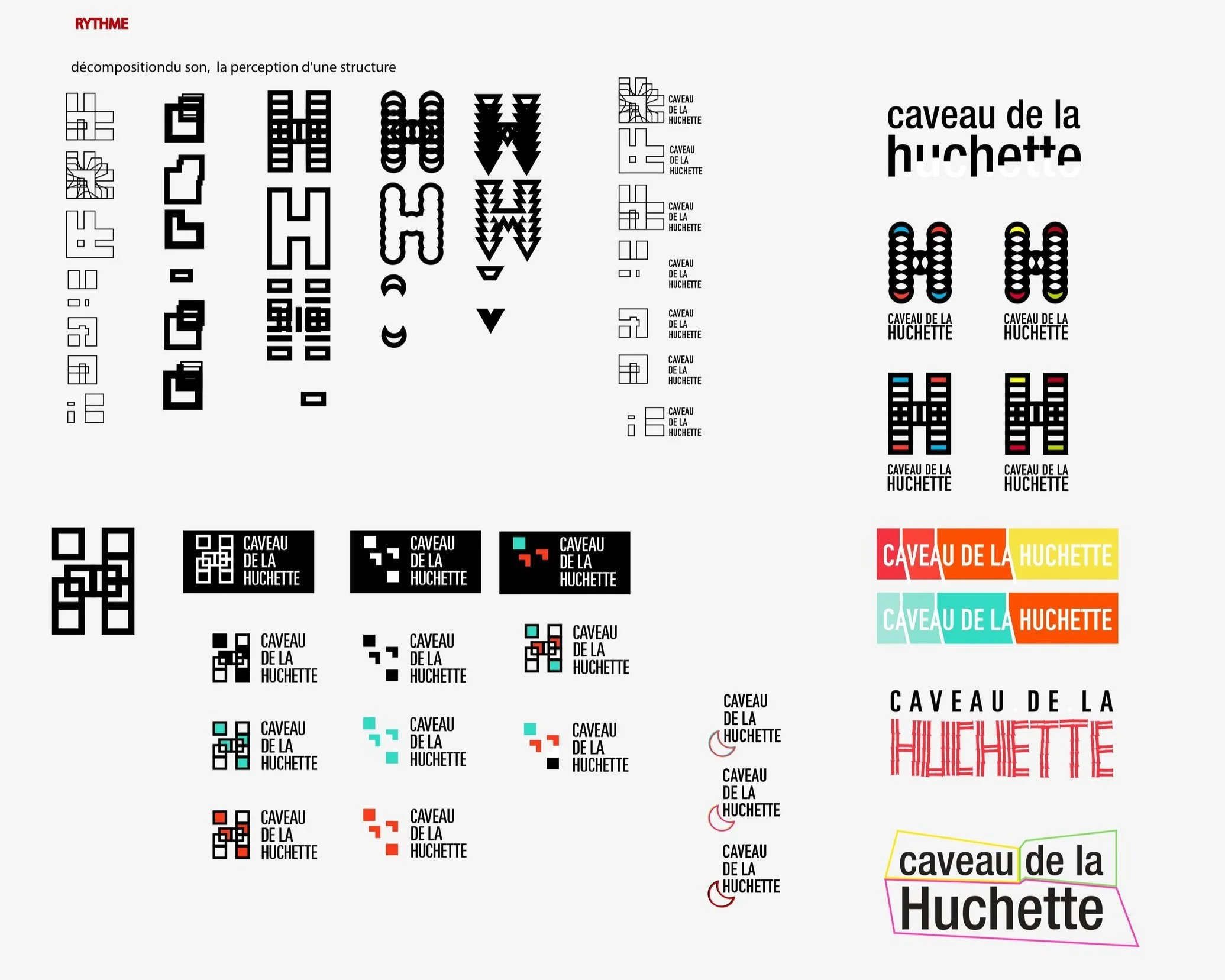 Various versions of a logo for CAVEAU DE LA HUCHETTE, with different styles, colors, and text arrangements.