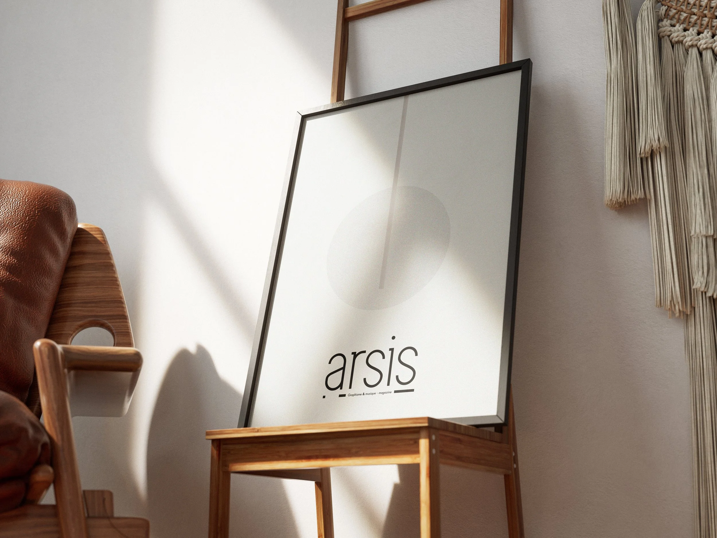 A tall wooden shelf with three levels leaning against a white wall, with a large white sign displaying the words 'Arsis' partially visible, and part of a woven wall hanging on the right side.