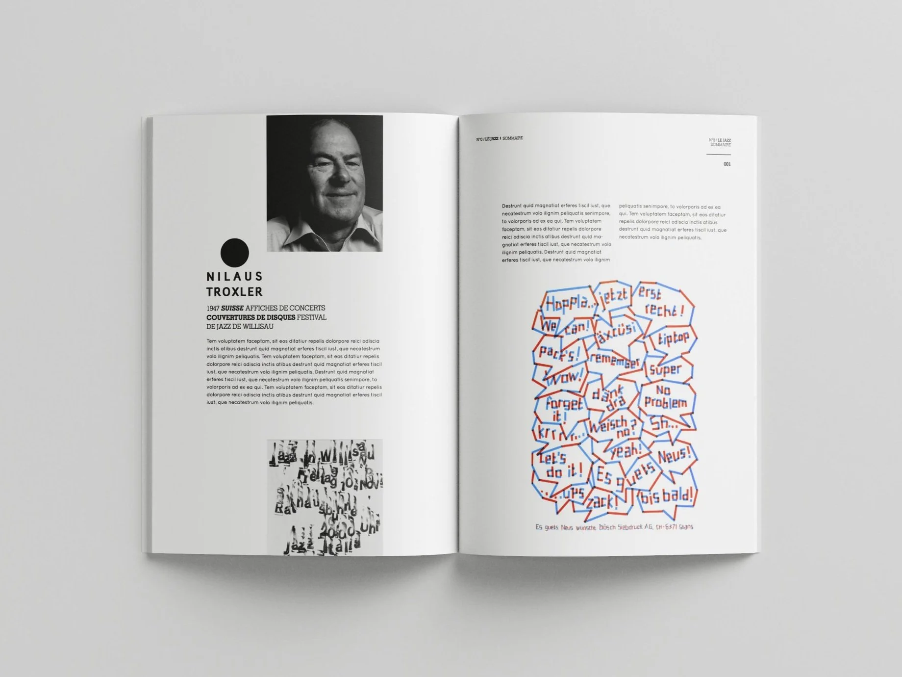 Open magazine with black and white portrait of a man on the left page and colorful word cloud with phrases like "Whoa!", "No problem", and "Lets do it!" on the right page.