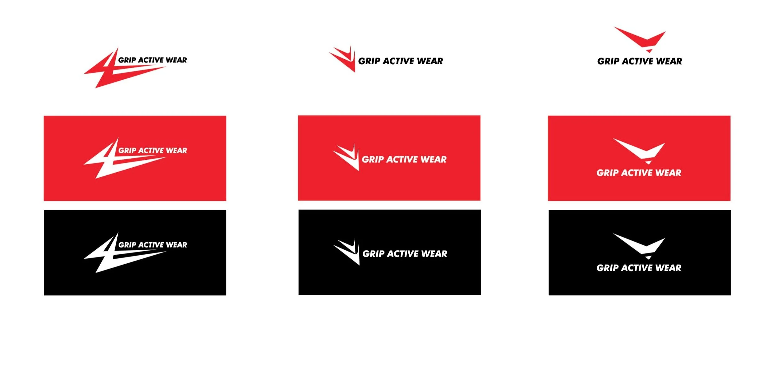 Six different logo designs for 'Grip Active Wear' in three color schemes: red, black, and white, with various stylized graphic elements.