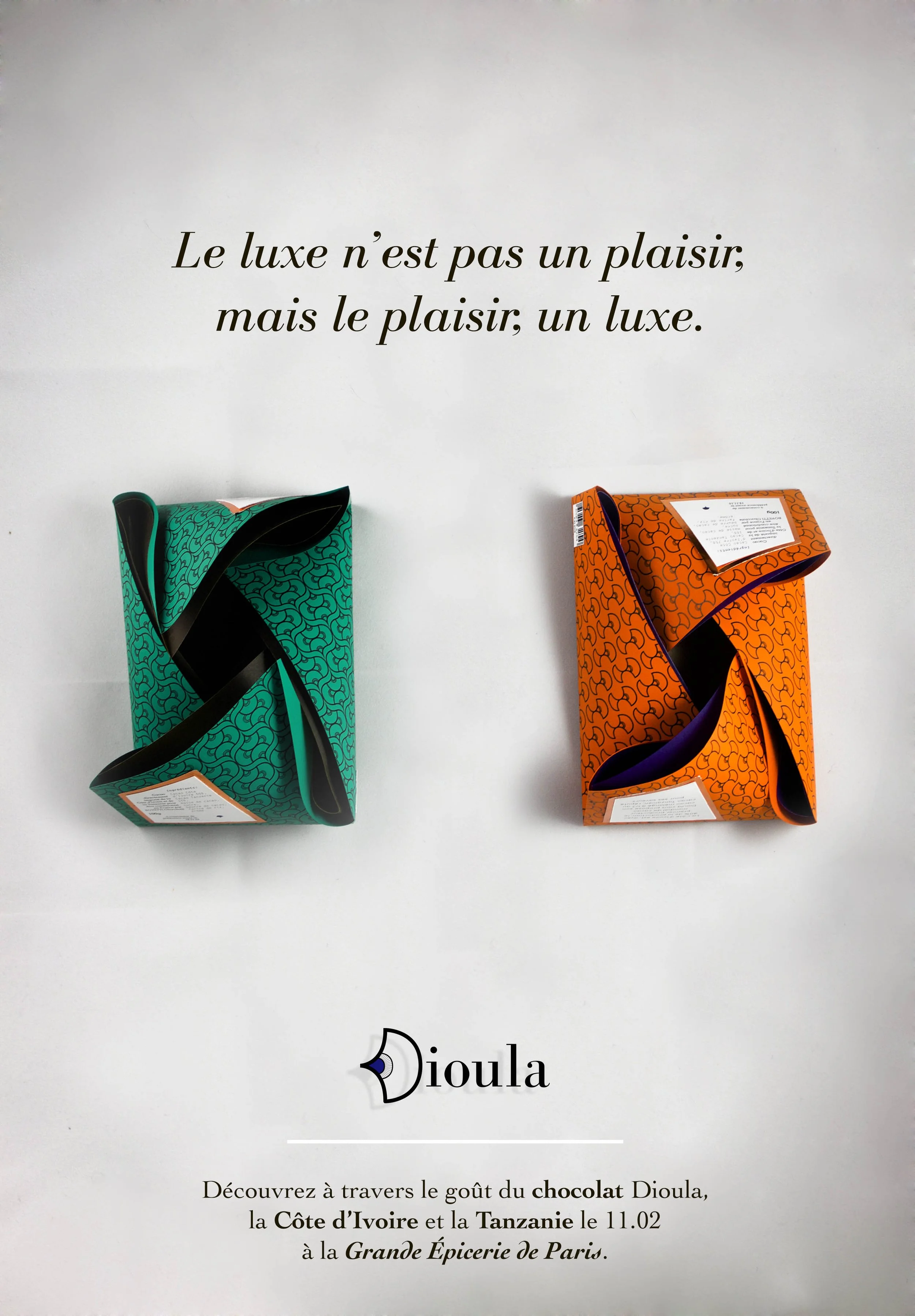 A white page with French text and two colorful, patterned chocolate packaging boxes. The text mentions Dioula, Côte d'Ivoire, Tanzania, and Paris.