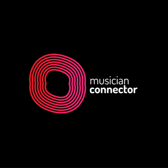 A black background with a circular, pink and red gradient graphic resembling an abstract heart or sound wave, and the words 'musician connector' in white text.