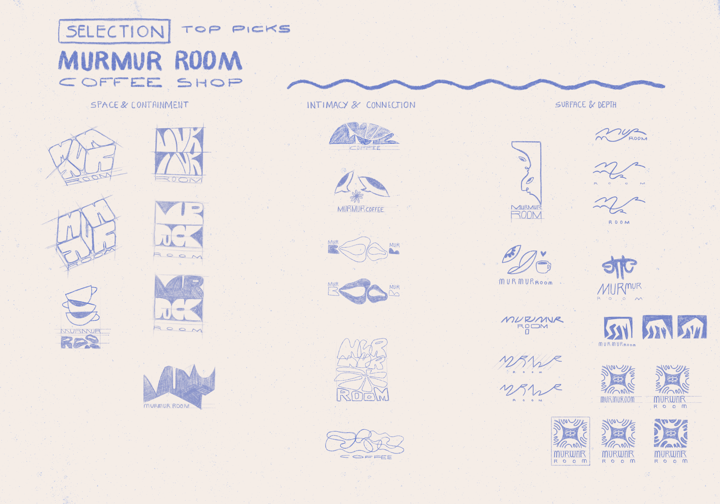 Colorful design sketches and logos for Murmur Room Coffee Shop, arranged in columns and rows, featuring various styles and icons including coffee cups, faces, abstract shapes, and text, all drawn in blue ink.