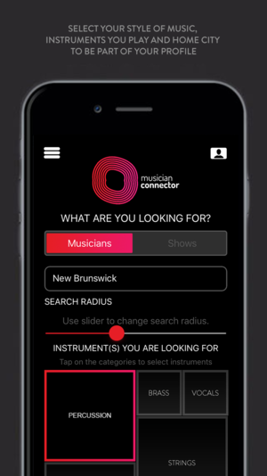 Mobile app screen showcasing a music connection app with options to select instruments, including percussion, brass, vocals, and strings, for users to find music-related profiles or shows.