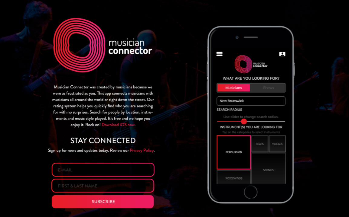 Web page showing the 'Musician Connector' app with an explanation of its purpose and a subscription form, alongside a mockup of the app interface on a smartphone displaying search options for musicians and instruments.