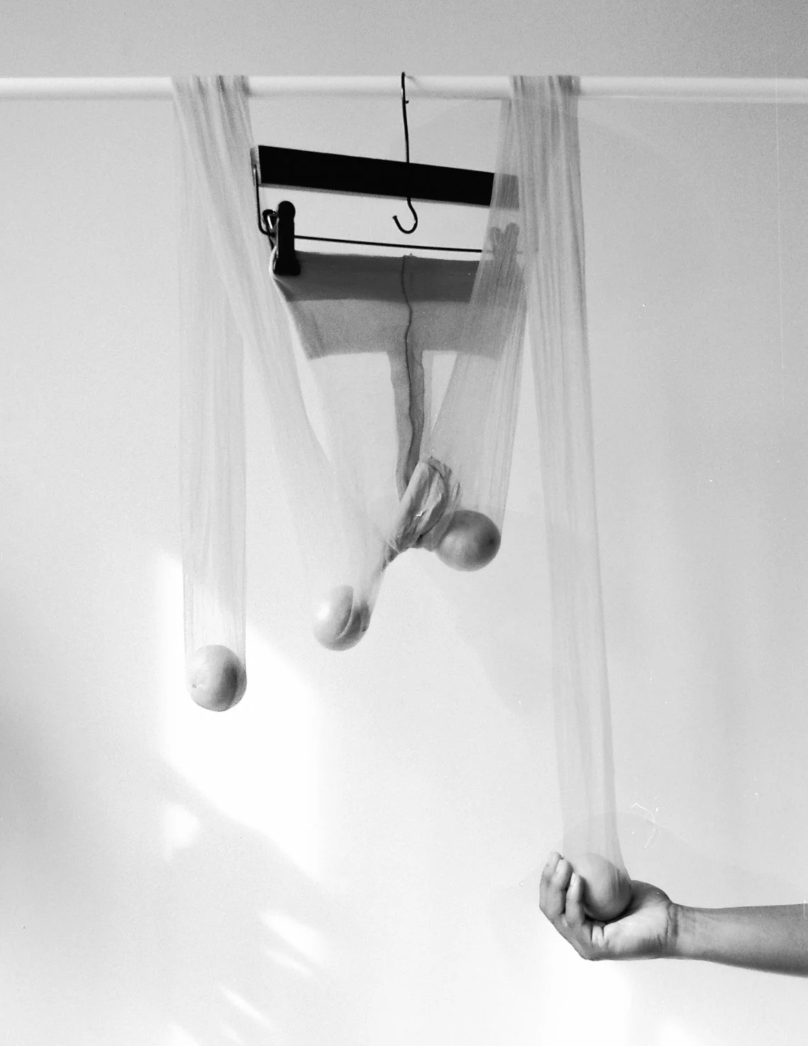 Hanging tights with oranges in them being held by a hand