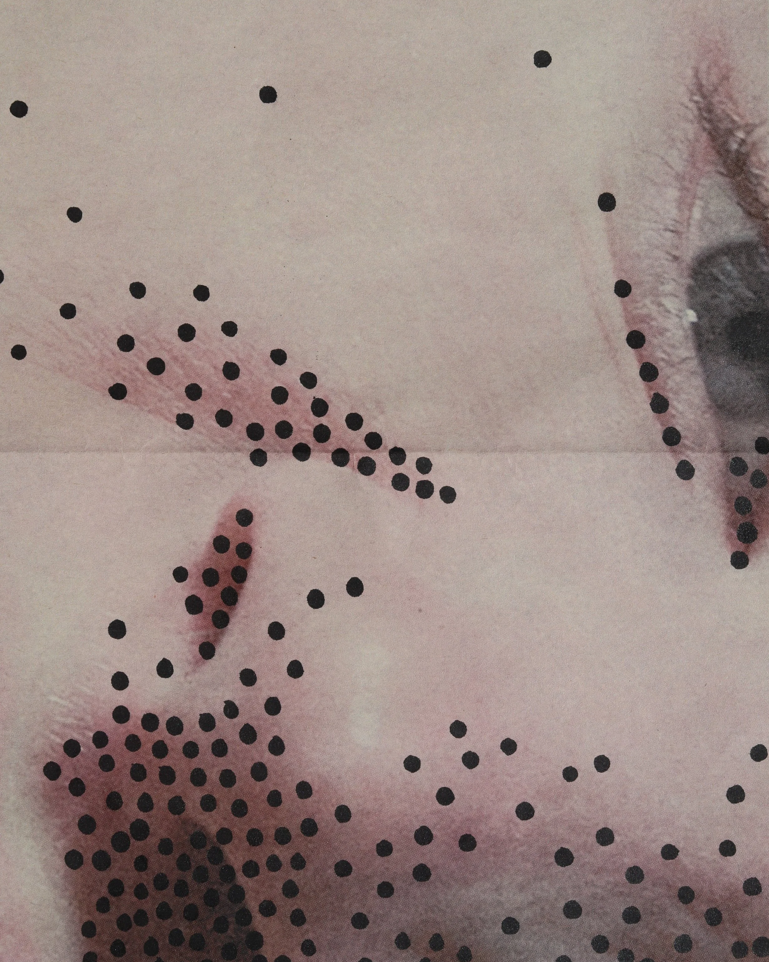 Close-up of a printed design featuring a large eye with a black iris and eyelashes, and black polka dots scattered around on a light pink background.