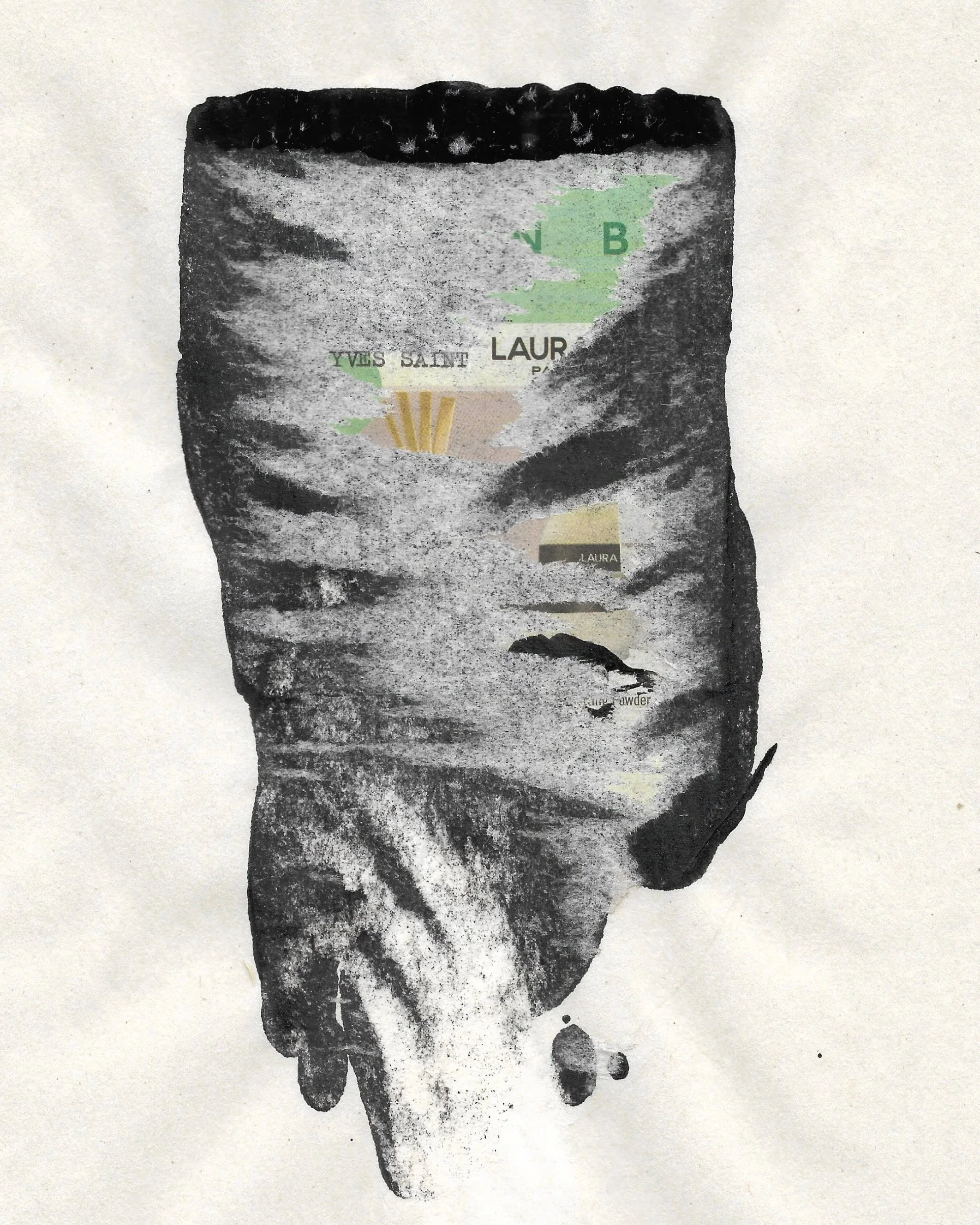 Black and white collage elements, including a tree, text, and abstract shapes.