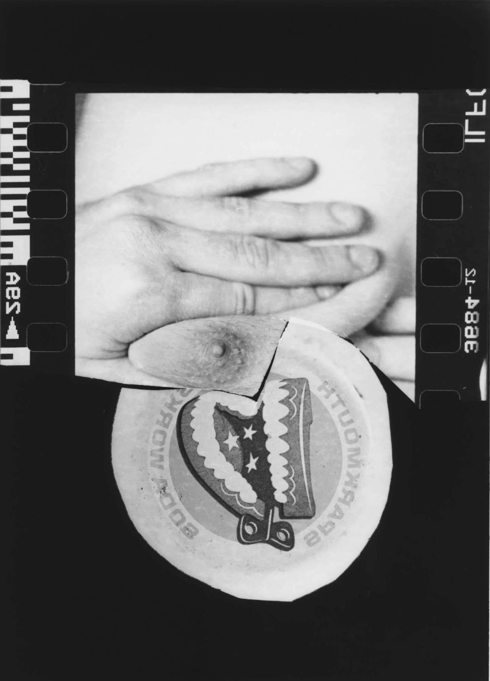 Black and white collage with a graphic of a mouth with sharp teeth, surrounded by a circular text, and a hand with fingers forming a peace sign in front of it.