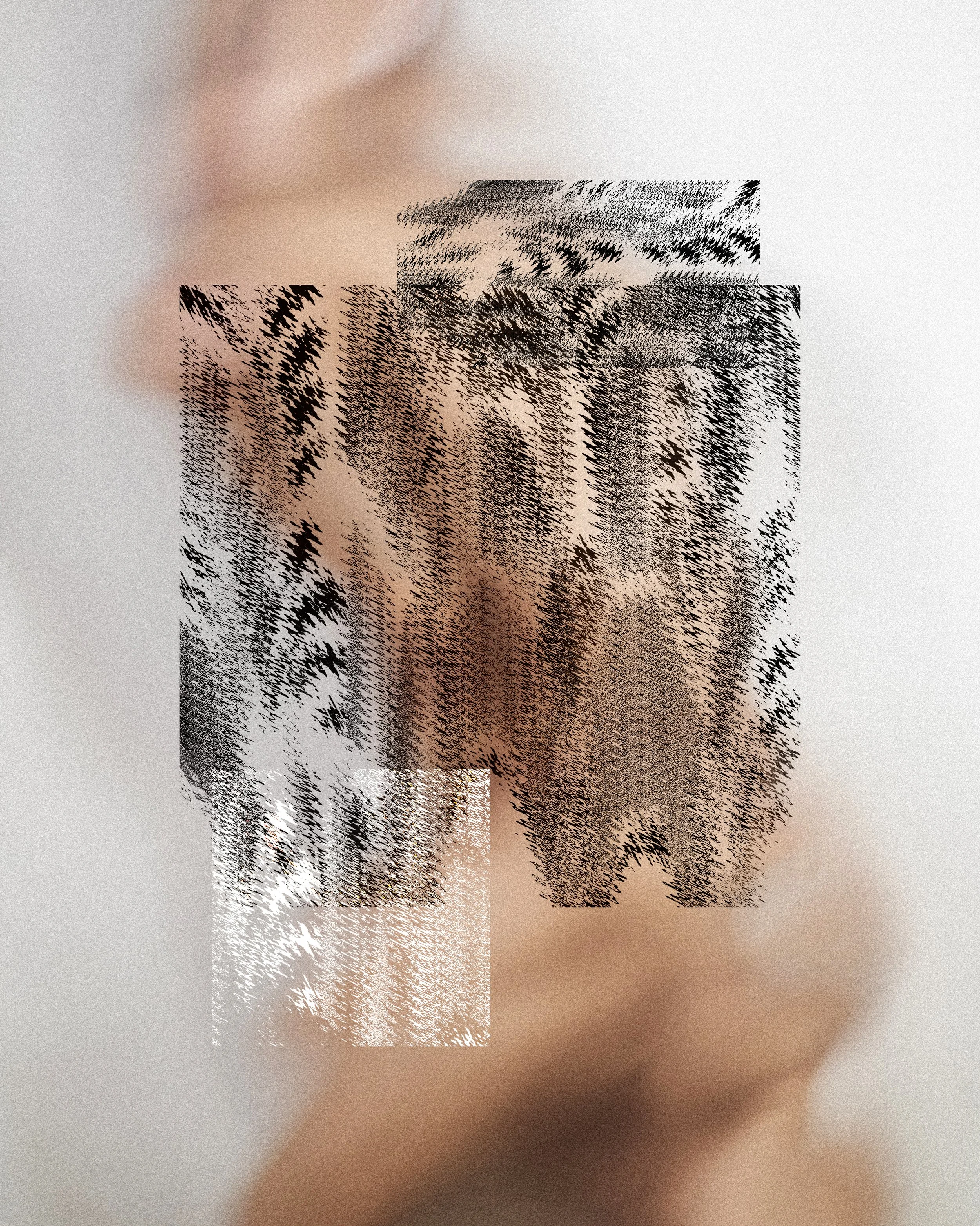 Blurred abstract image with a pixelated rectangular section in the center, showing distorted black and white patterns.