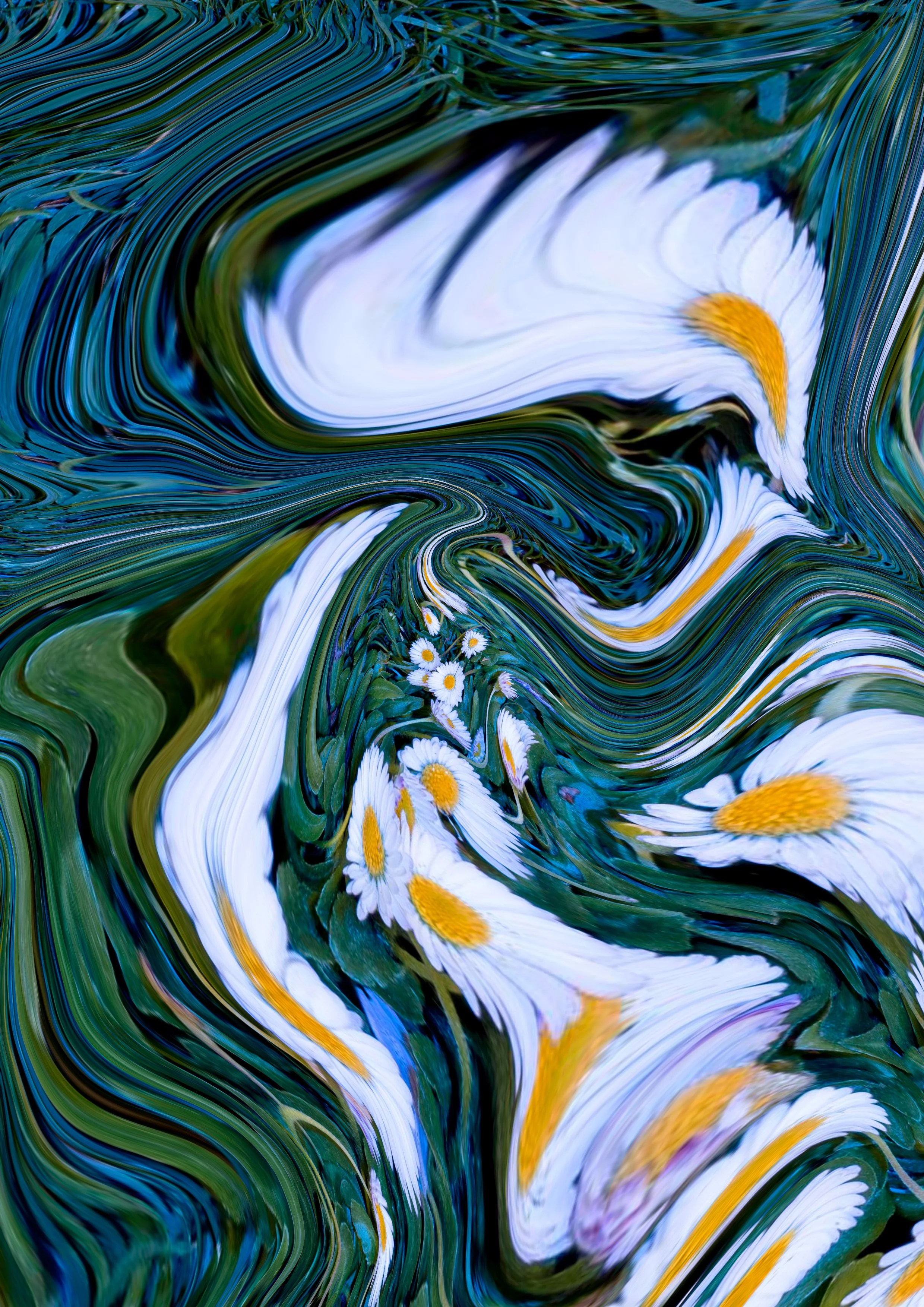 Swirling abstract painting with a white daisy flower with a yellow center among green and yellow streaks and lines.