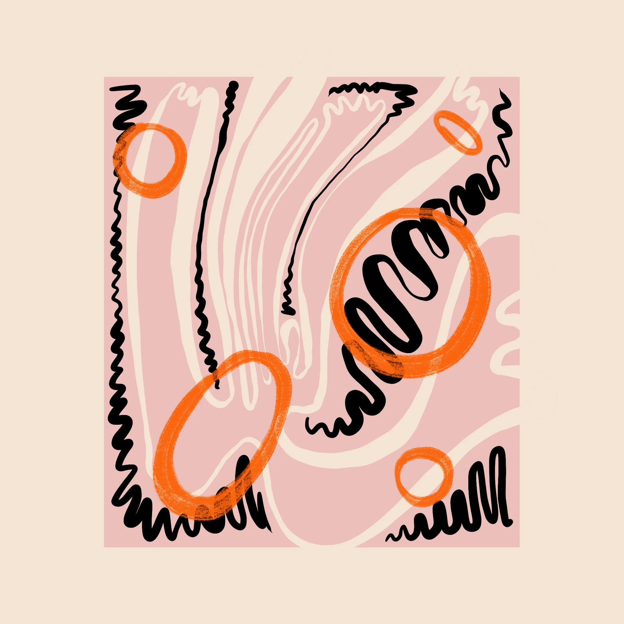 Abstract colorful illustration with bold black, orange, and pink lines and text.