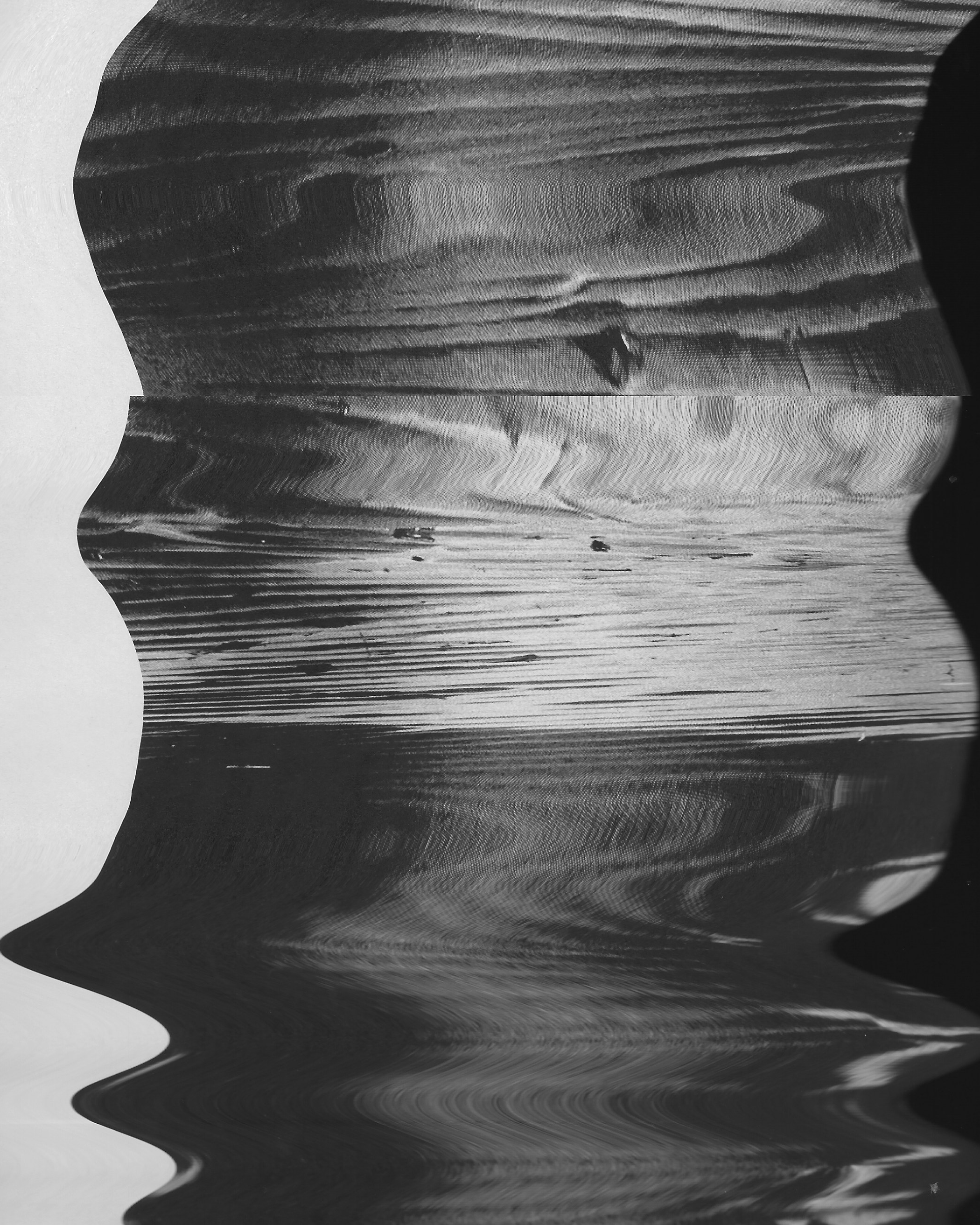 Black and white abstract blurred image with horizontal lines and shapes.