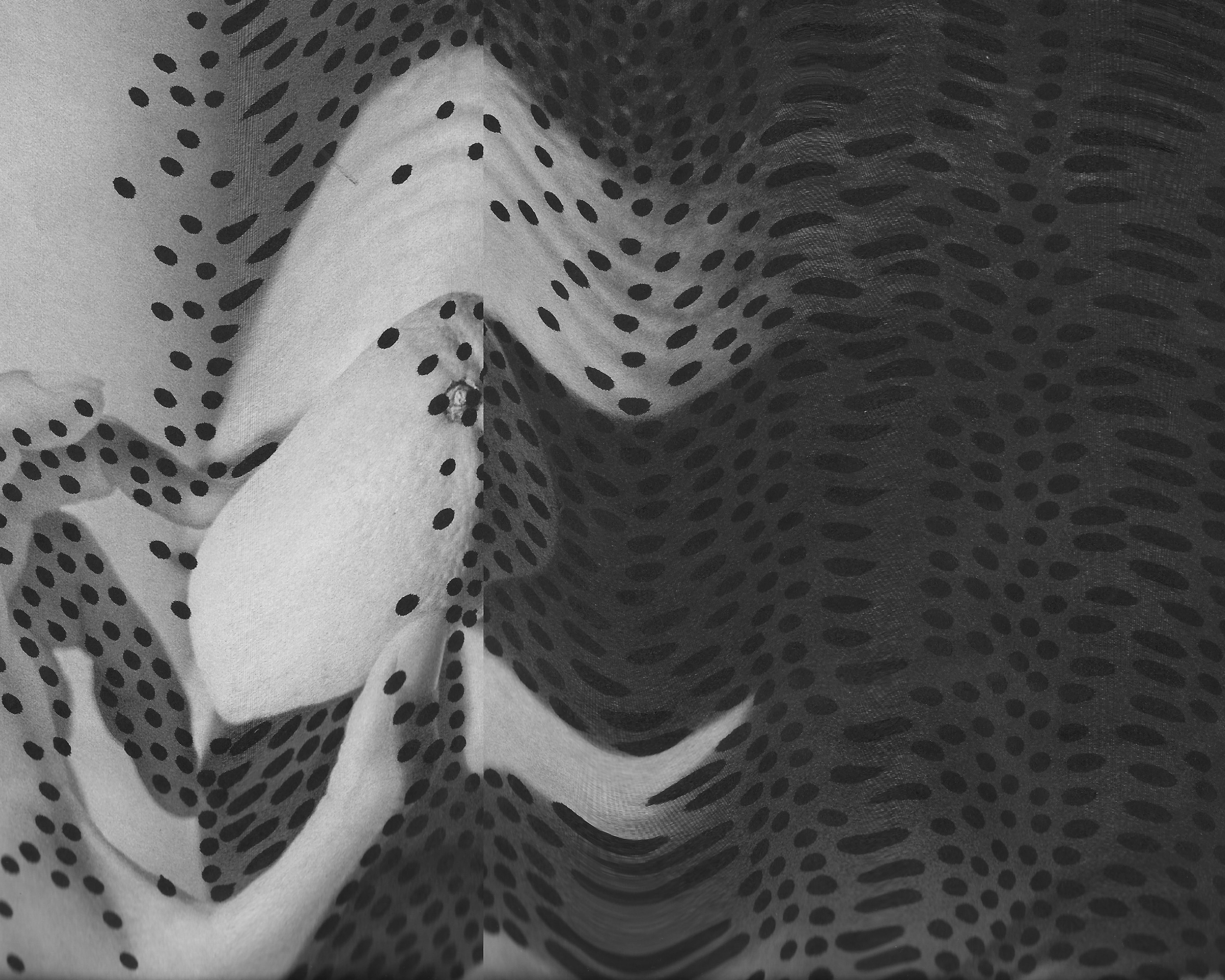 Close-up of a face, scanned and distorted with dot pattern on the image.