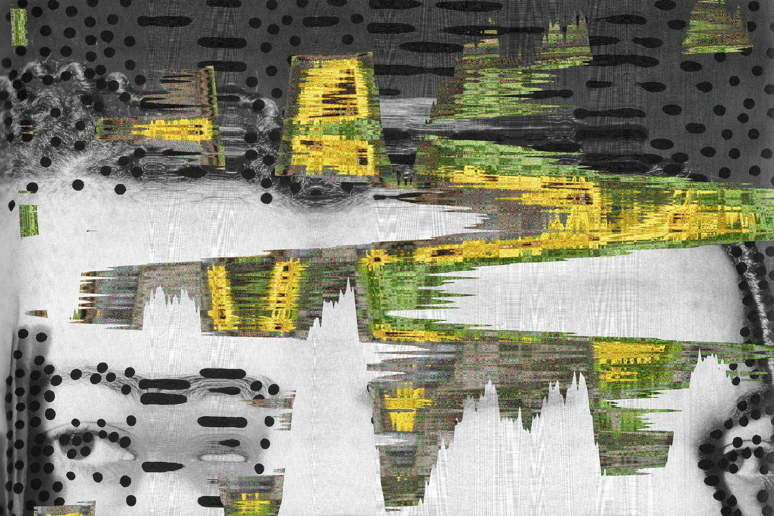 A scanned and distorted portrait of someone looking straight into the camera with what appears to be dots all over and fragments of yellow and green coloured stroked on top.