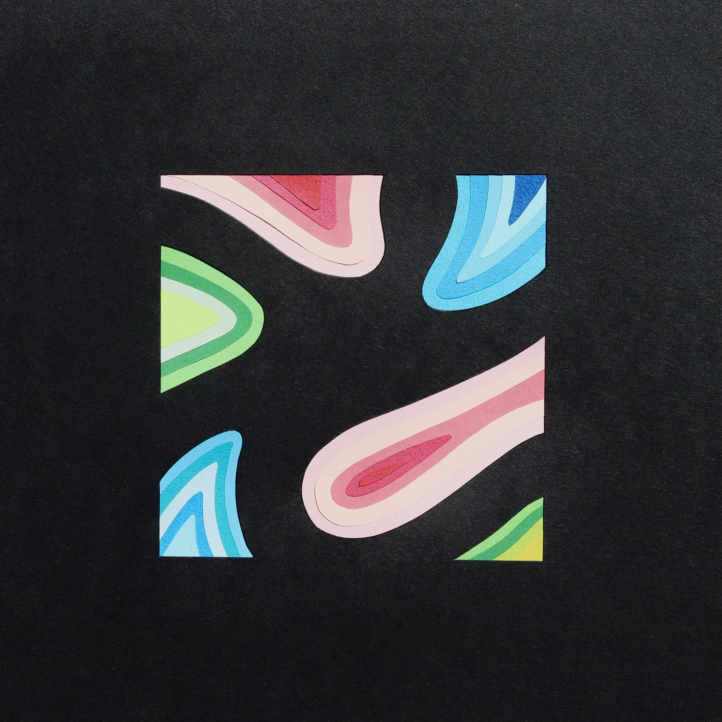 Paper collage with black shadow forms on top of bright various colours