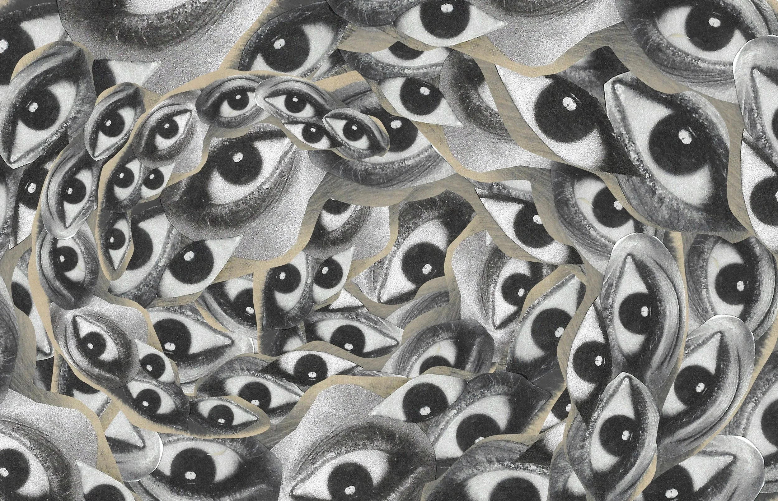 Collage of black and white printed images of eyes with various overlapping shapes.