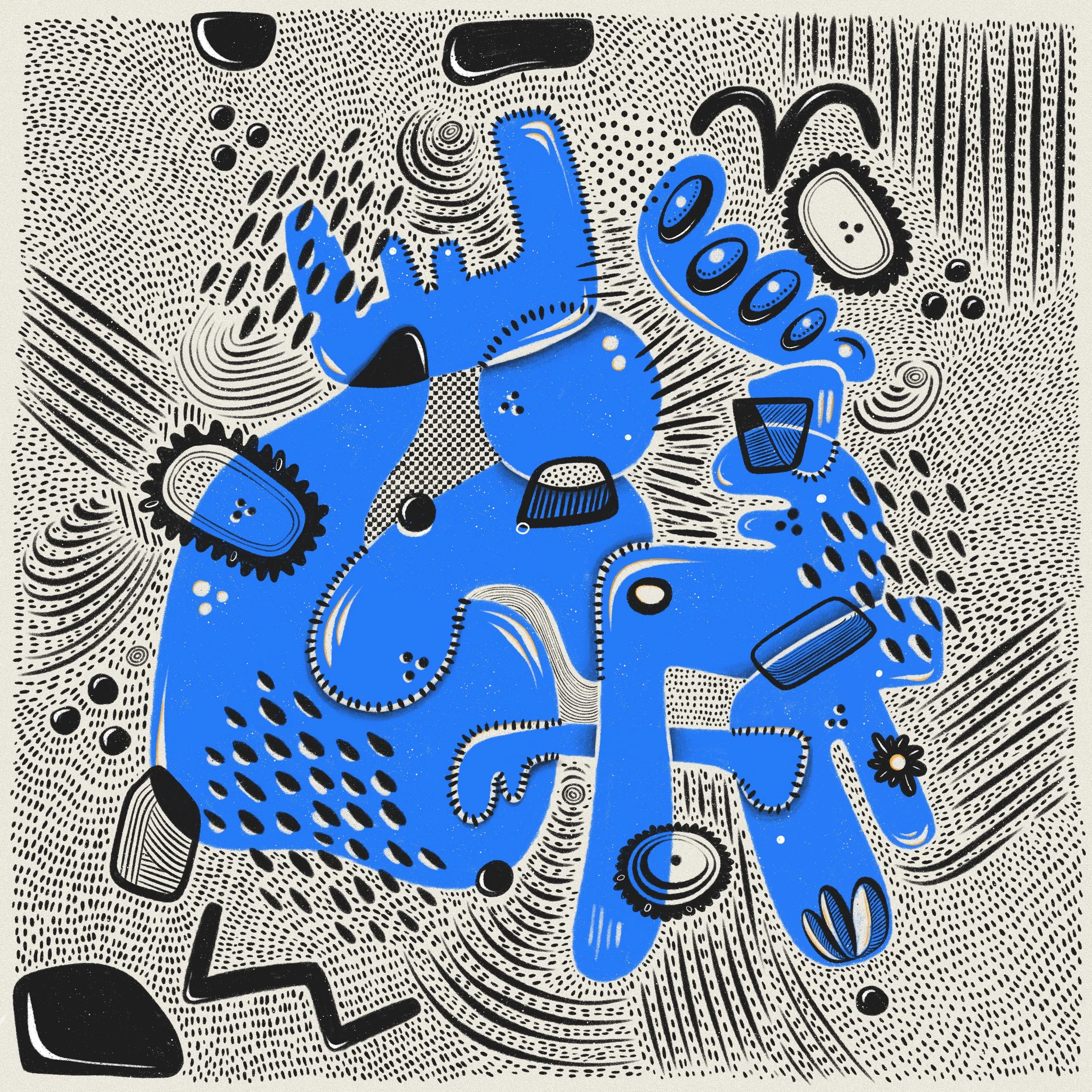 Abstract illustration with colorful blue shapes and intricate black dot and line patterns.