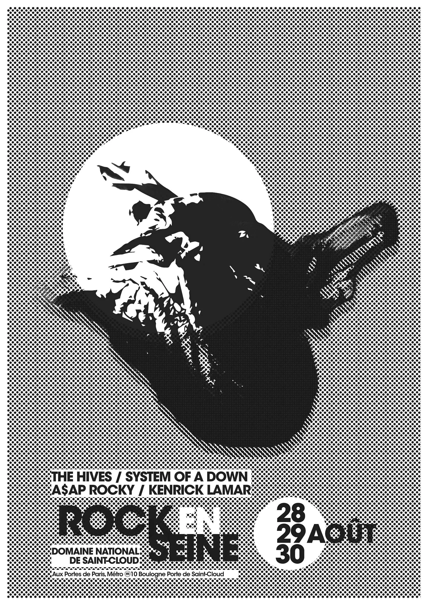 A promotional poster in black and white for a music event featuring bands The Hives, System of a Down, A$AP Rocky, and Kendrick Lamar. The poster includes a stylized illustration of a person in a winter hat and jacket holding a microphone, with event details such as dates August 28-30 and location at Domaine National de Saint-Cloud in France.