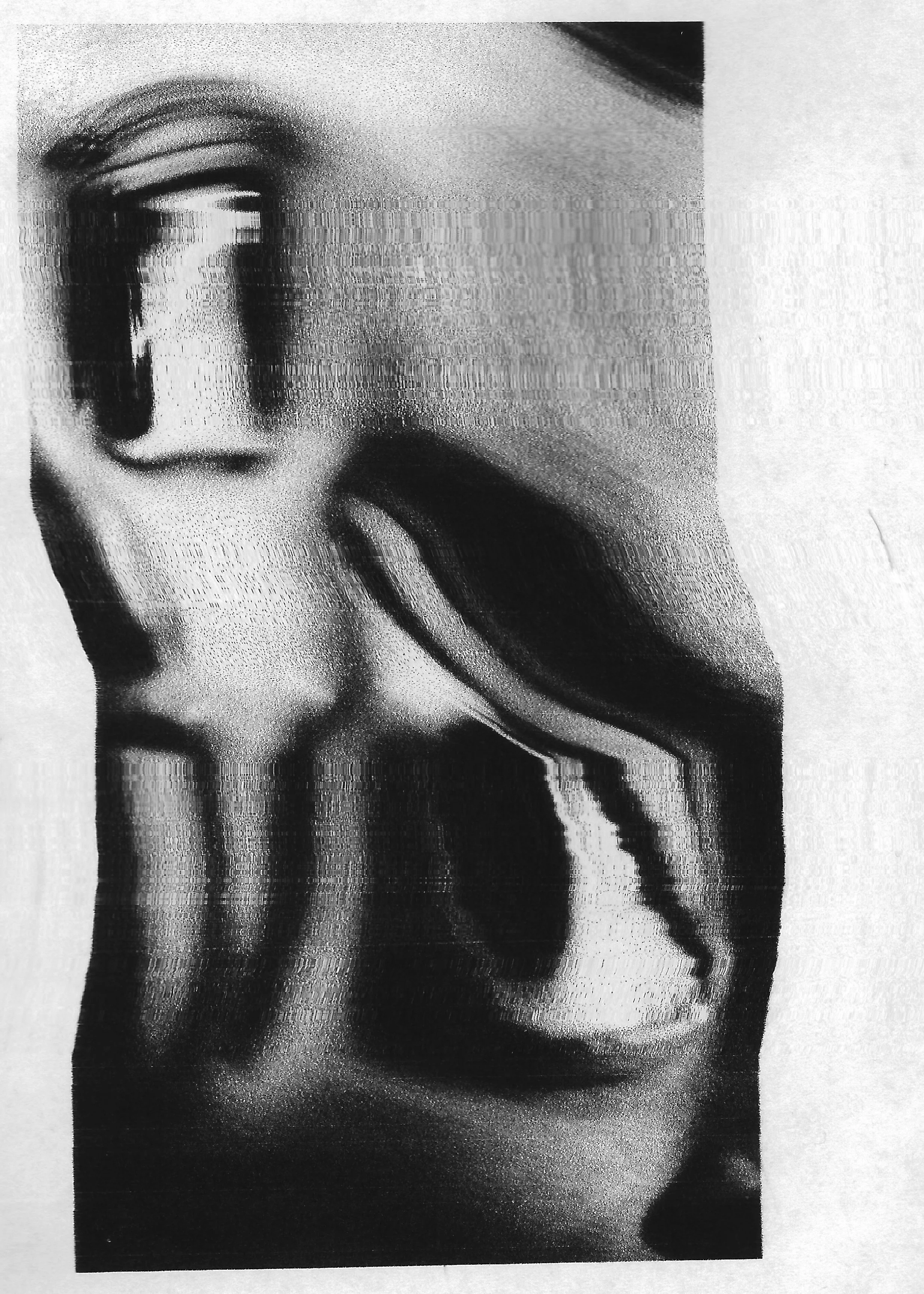 A black and white distorted face with two eyes on paper