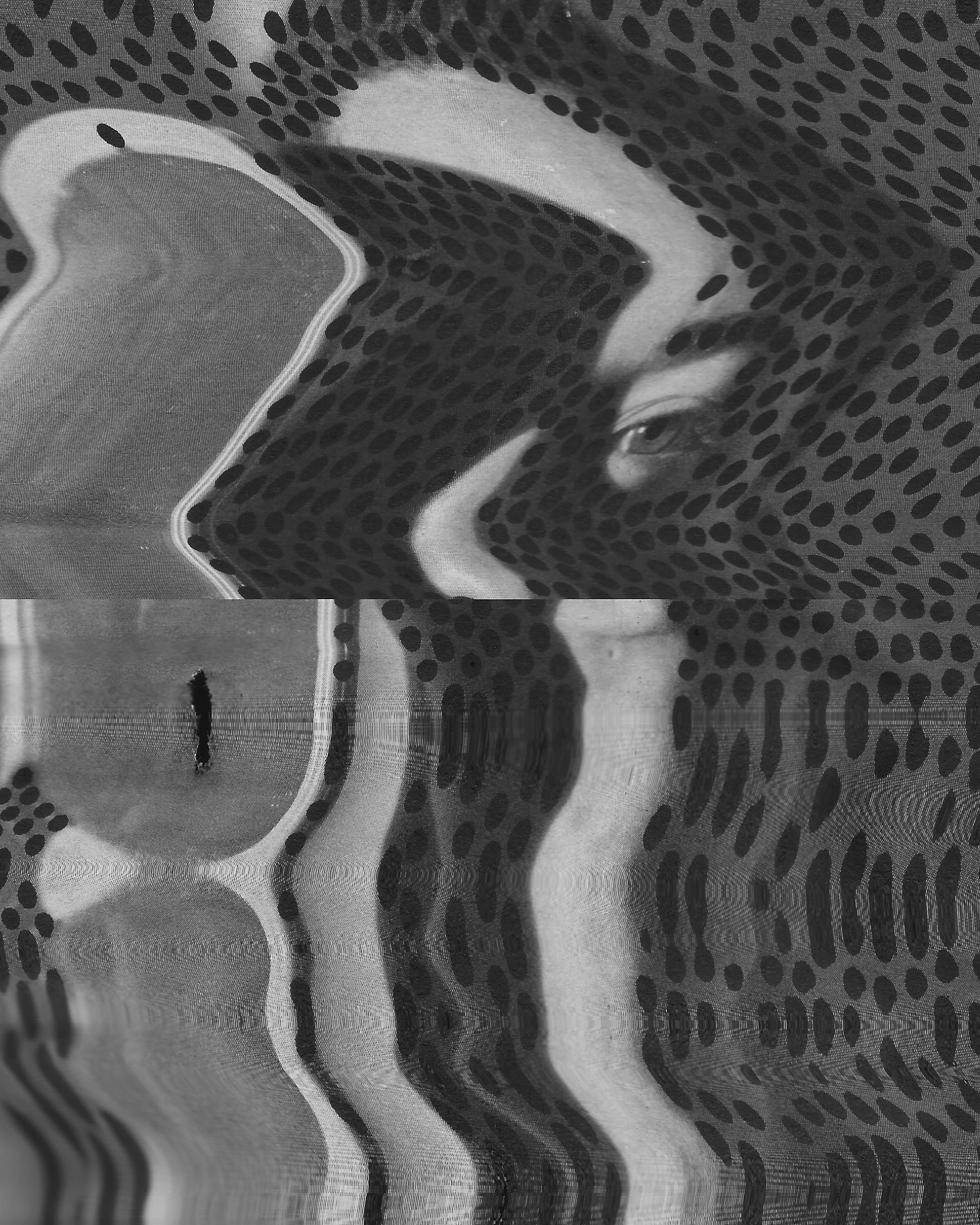 Close-up of a scanned distorted face, partially covered with dots drawn on it.