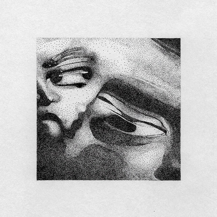 A black and white artistic print of a woman's face, with one eye partially closed and lips slightly pursed, created with a stippling or halftone effect.
