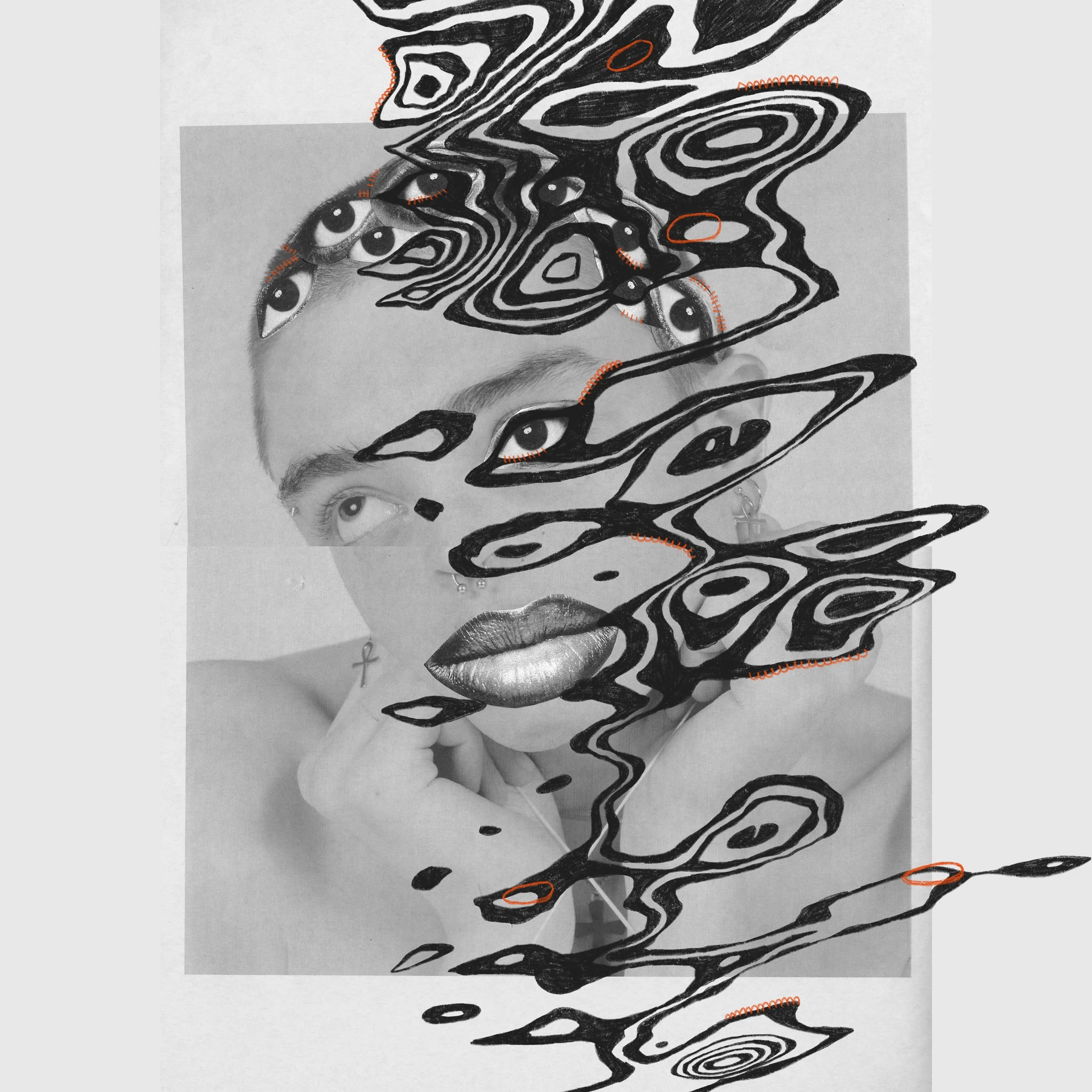A collage combining black and white photography of a person's face with multiple eyes and lips, overlaid with abstract black and white patterns resembling wood grain and swirling lines, accented with orange details.