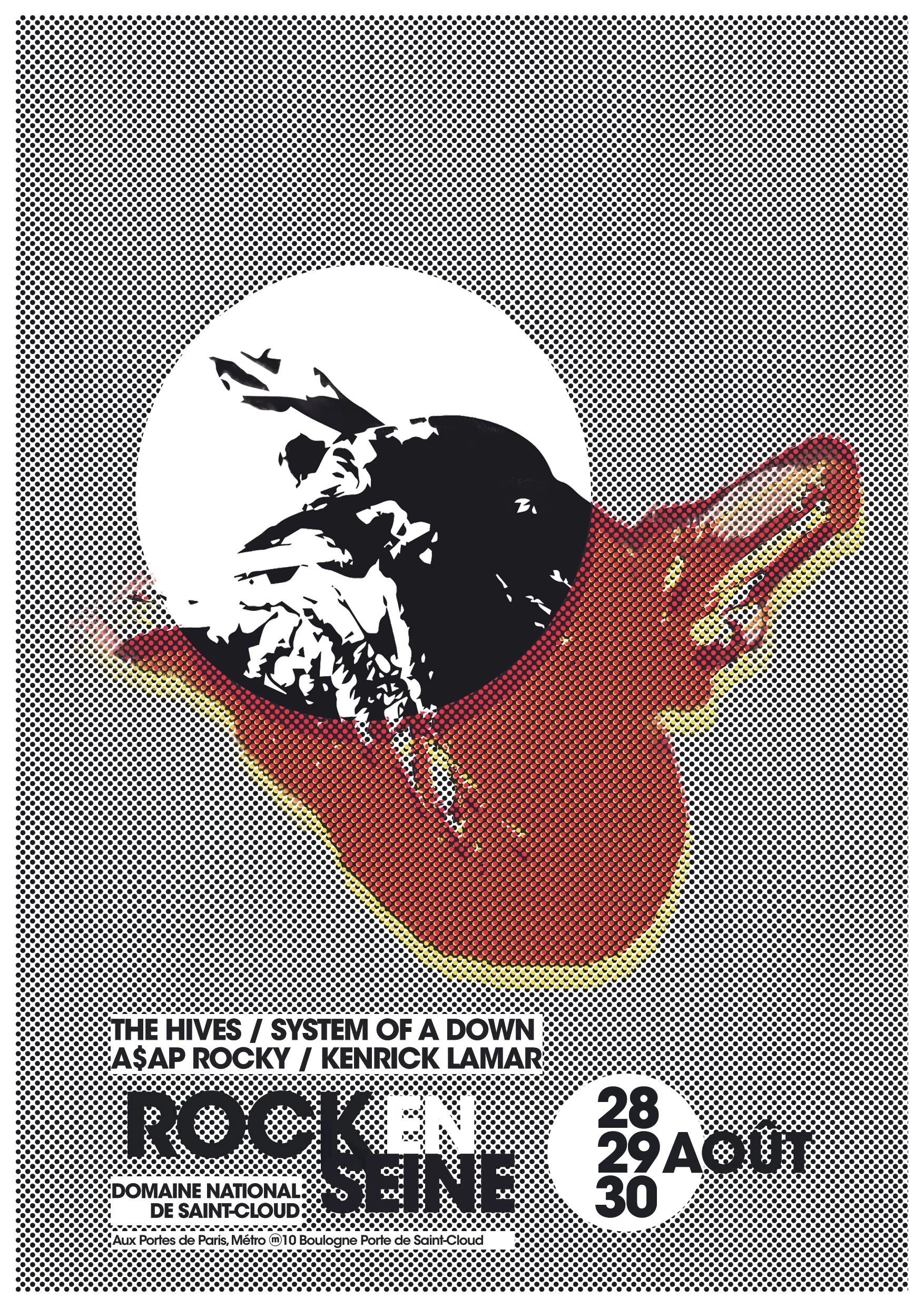 A poster advertisement featuring a graphic of a hand holding a globe, designed in a halftone pattern with black, white, and red colors. The text promotes the music festival 'Rock en Seine' happening from August 28 to 30, 2015, at Domaine National de Saint-Cloud near Paris.