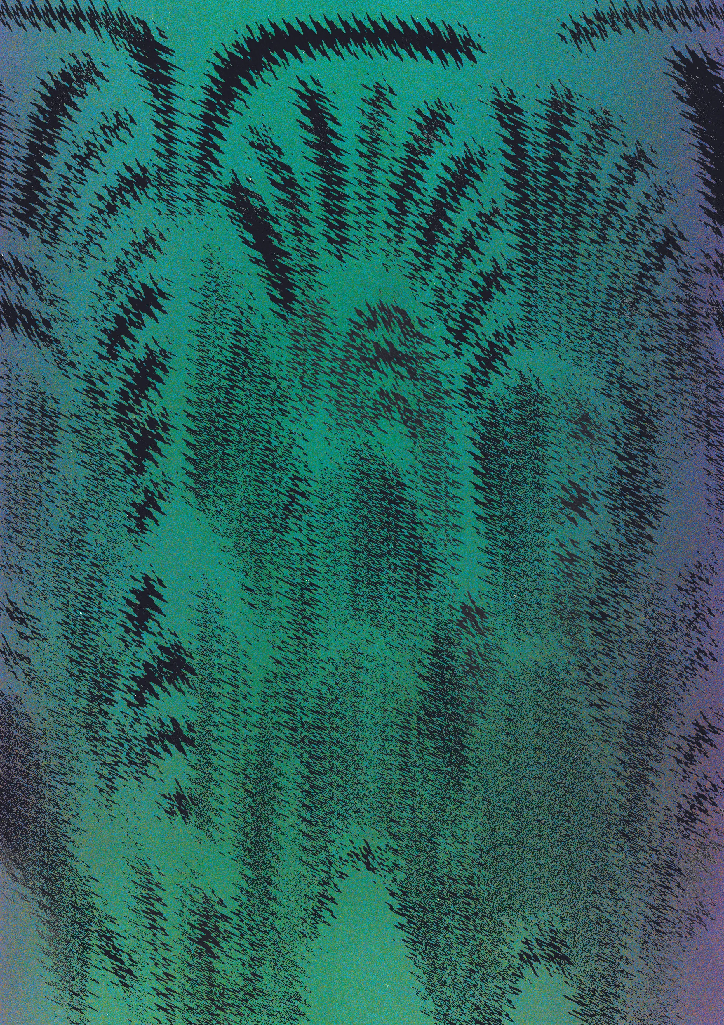 Abstract image with swirling, textured patterns in shades of teal, purple, and black.