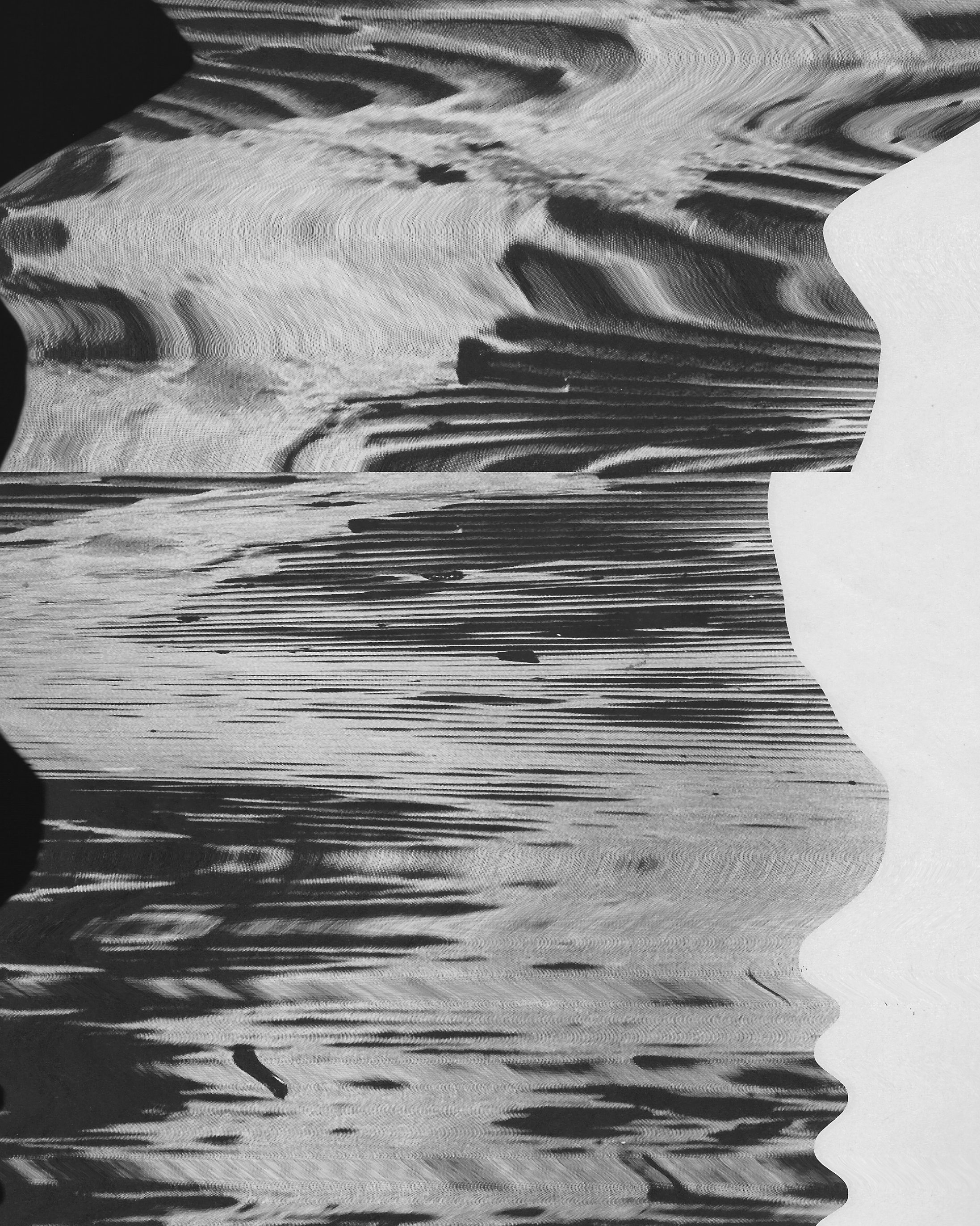 Black and white abstract digital art with wavy patterns and streaks.