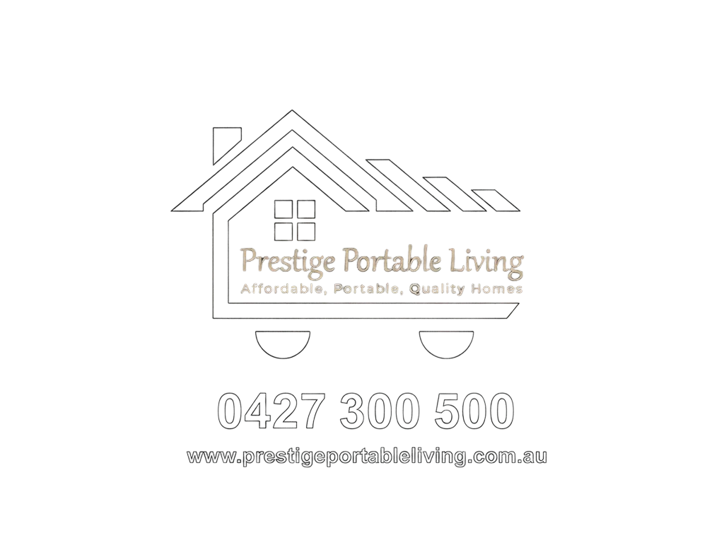 Logo for Prestige Portable Living featuring a house outline, with the slogan "Affordable, Portable, Quality Homes," and contact information including a phone number and website