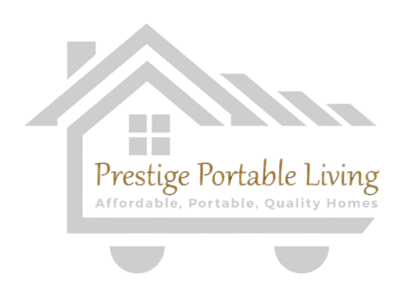 Logo for Prestige Portable Living, featuring a house roof and window design with the tagline "Affordable, Portable, Quality Homes."