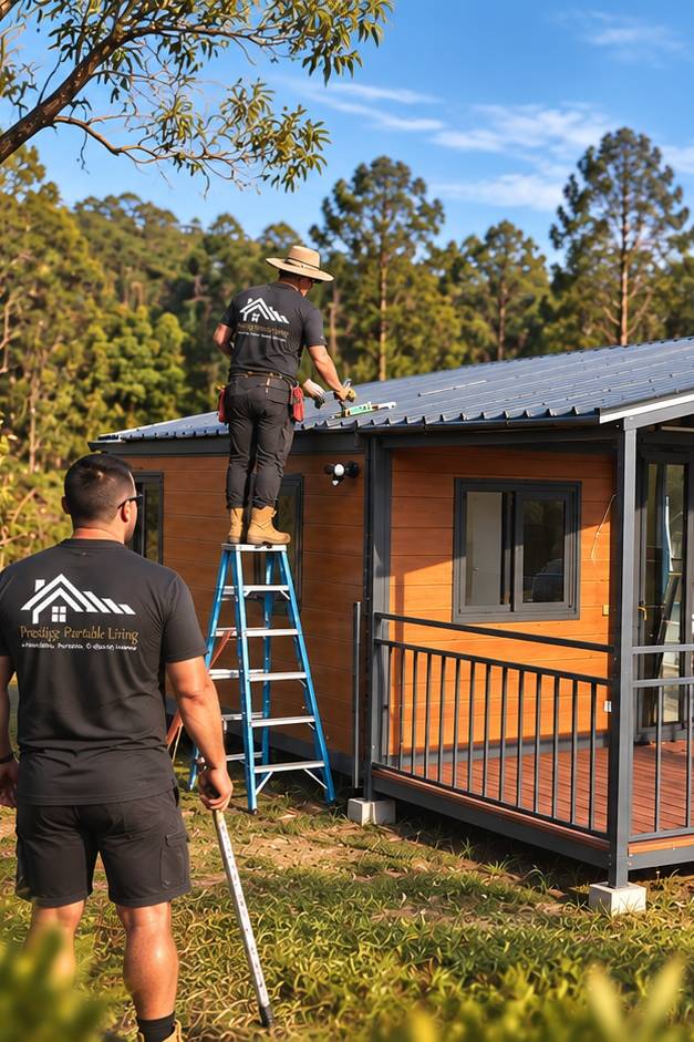 Workers installing or repairing the roof of a small wooden house outdoors, with trees and blue sky in the background.