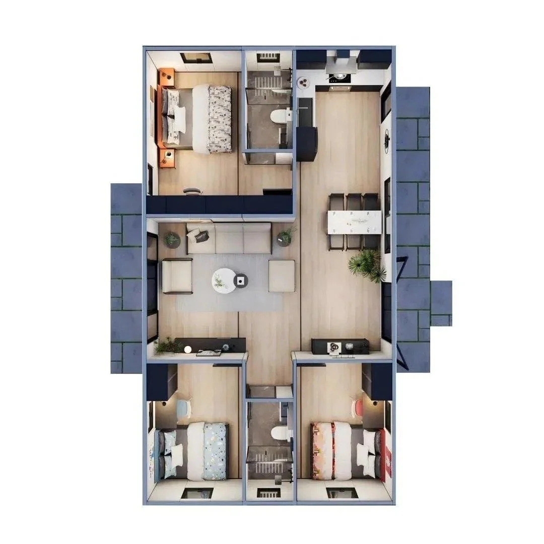 Floor plan of a modern apartment with three bedrooms, a living room, kitchen, bathroom, and small laundry area.