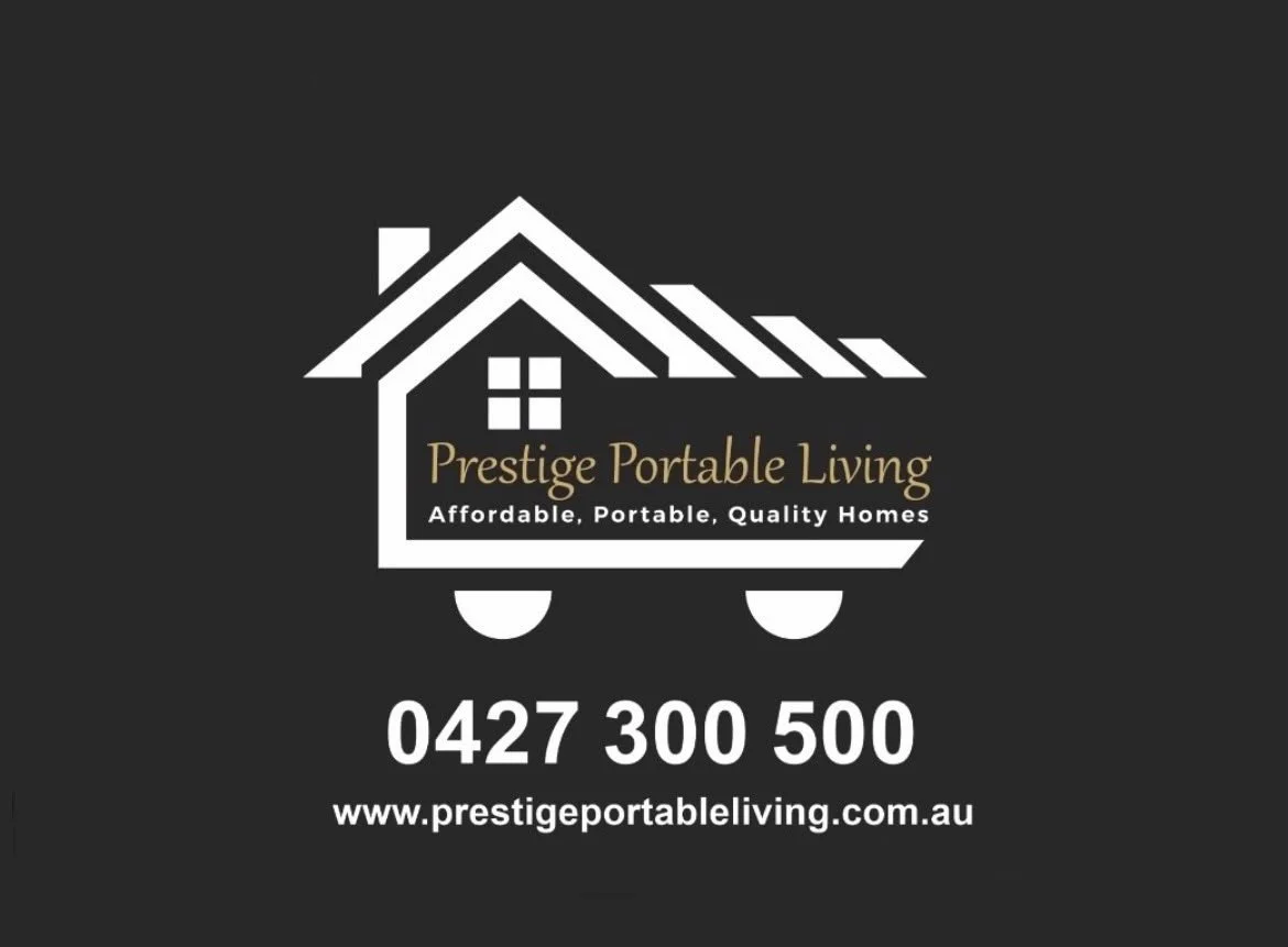 Logo for Prestige Portable Living featuring a house on wheels with the company name and contact information.