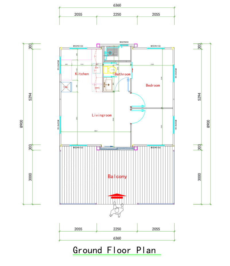 This is a ground floor architectural plan of a house with labeled rooms including kitchen, bathroom, living room, bedroom, and balcony, with dimensions indicated in millimeters.
