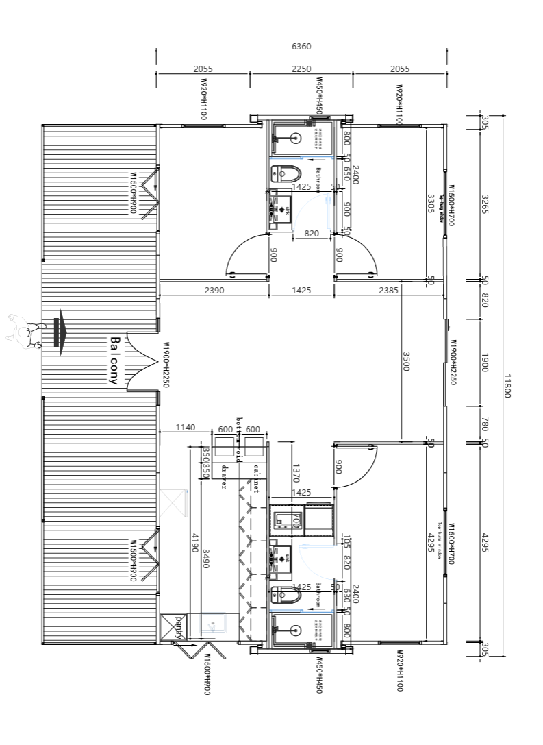 Floor plan of a residential space showing a balcony, two bathrooms, a kitchen, and a living area with detailed measurements and door placements.