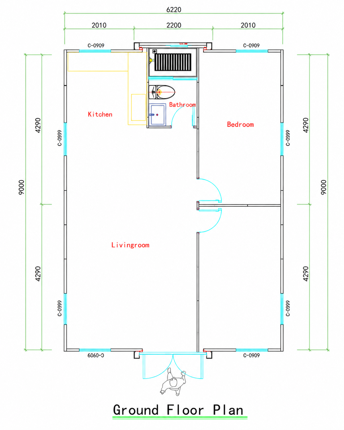 Ground floor plan of a house showing rooms labeled Kitchen, Living Room, Bedroom, and Bathroom, with dimensions and door and window placements.